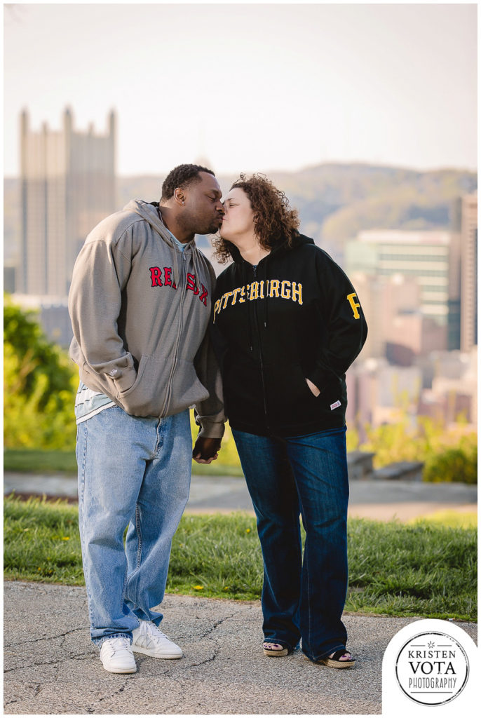 Pittsburgh engagement session on Mt. Washington of Pittsburgh Pirates fan with Boston Red Sox fan