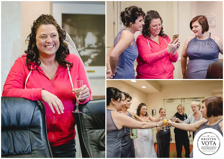 Bride relaxing with bridesmaids at Hilton Garden Inn Southpointe Pittsburgh wedding