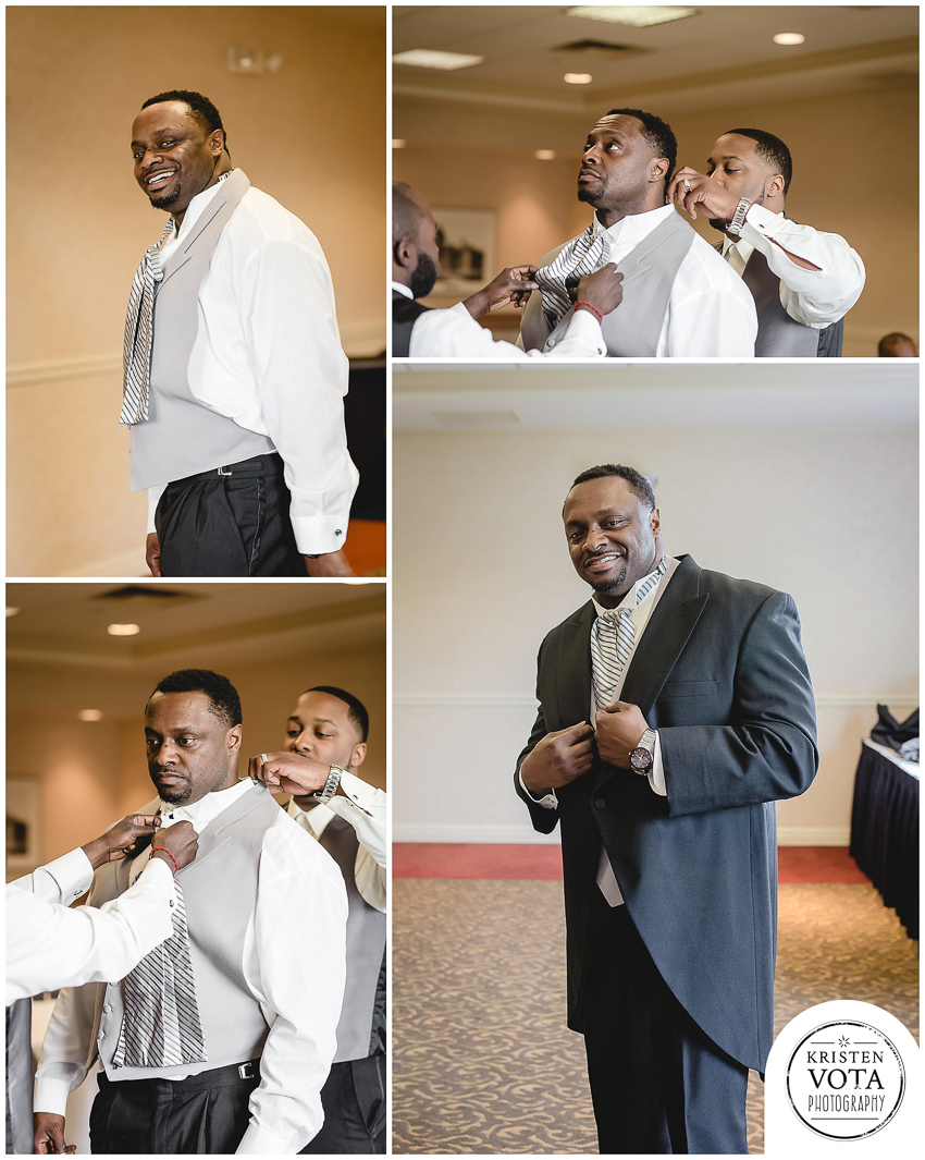 Groom getting dressed at Hilton Garden Inn Southpointe Pittsburgh wedding