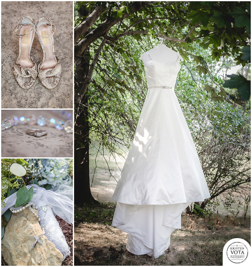 Wedding gown, bouquet, engagement ring, and wedding shoes before Pittsburgh wedding