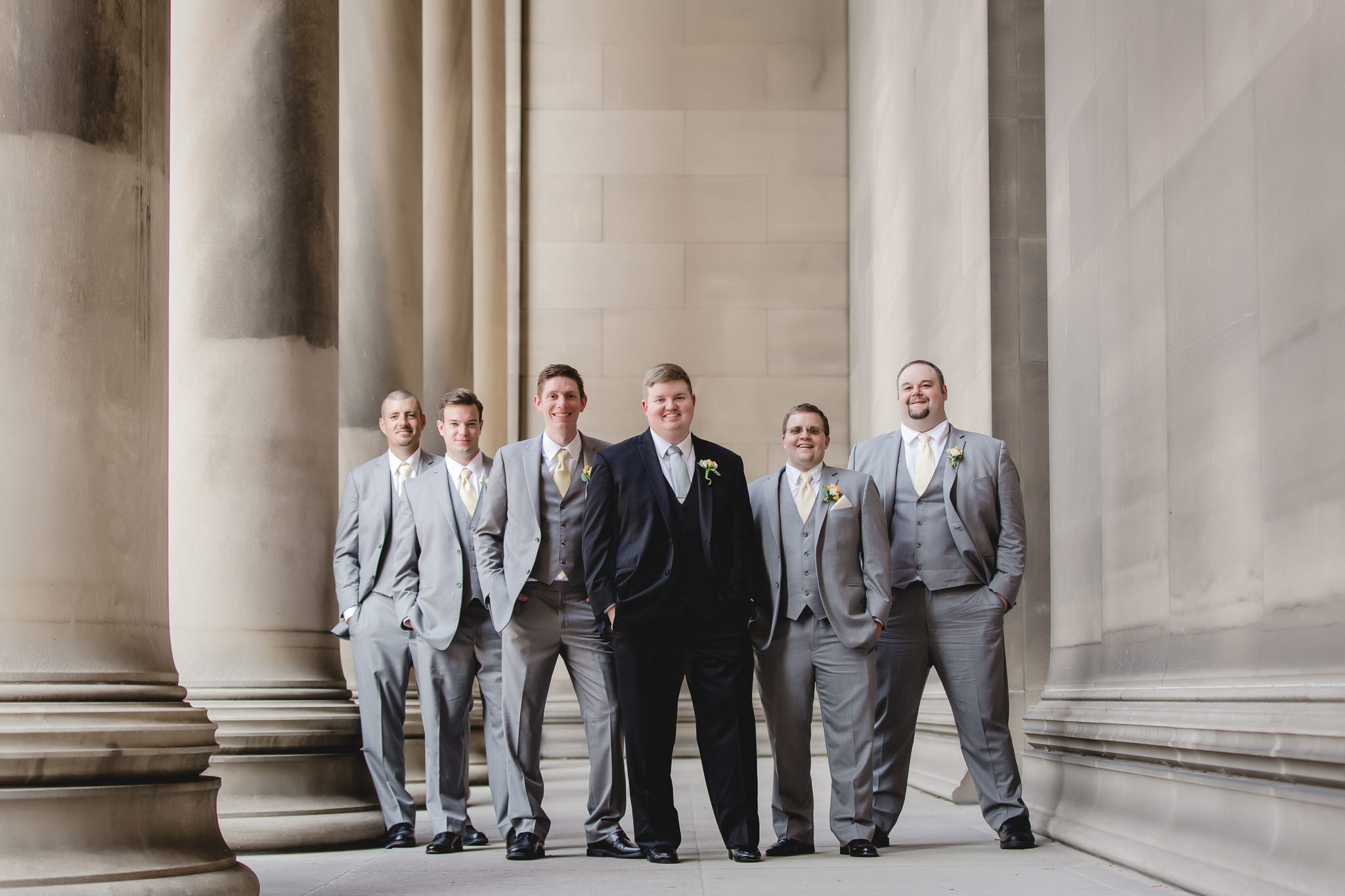 Groom and groomsmen at the Mellon Institute before a Soldiers & Sailors wedding reception