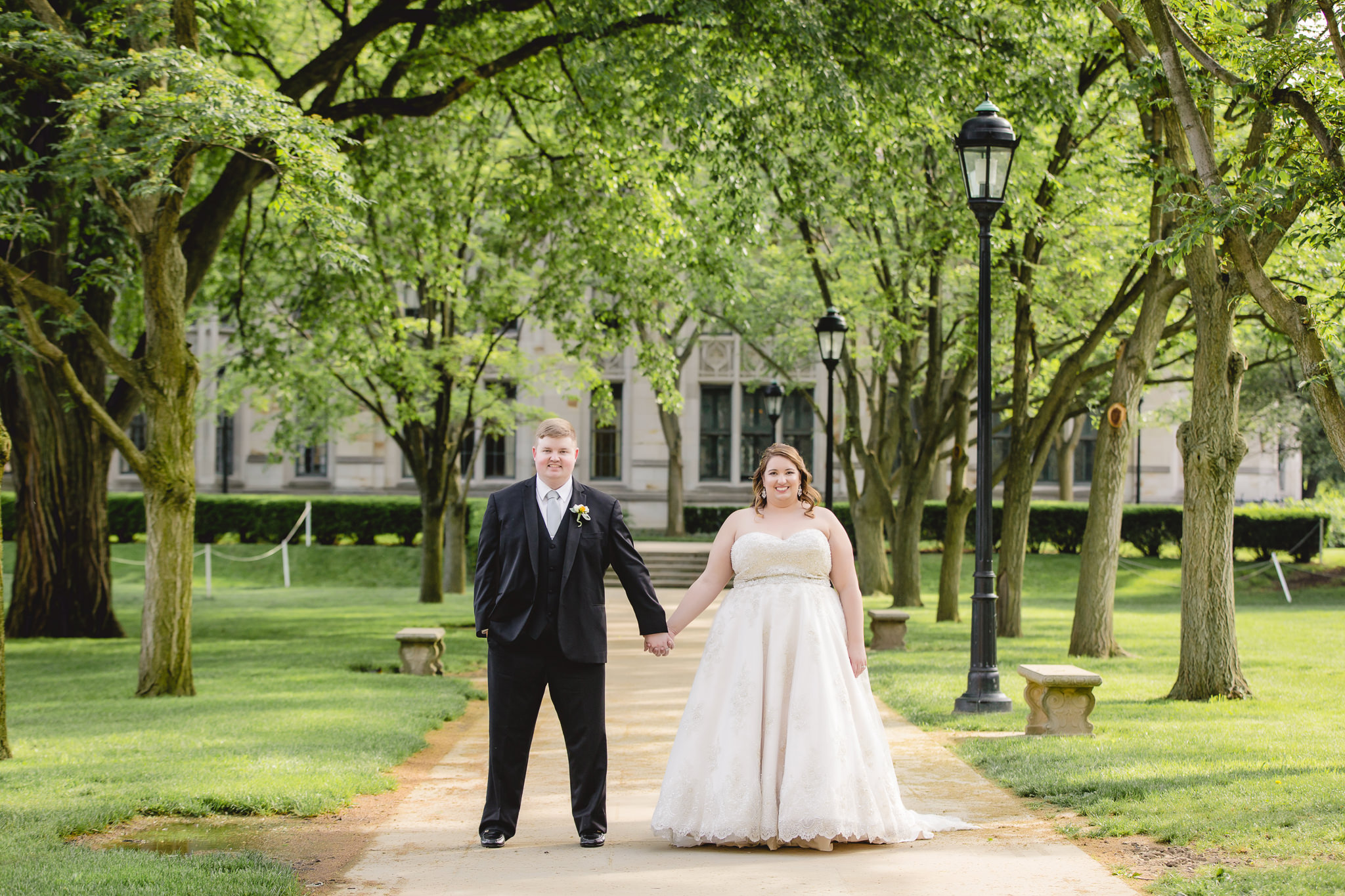Bride and groom on the University of Pittsburgh's campus before a Soldiers & Sailors wedding reception