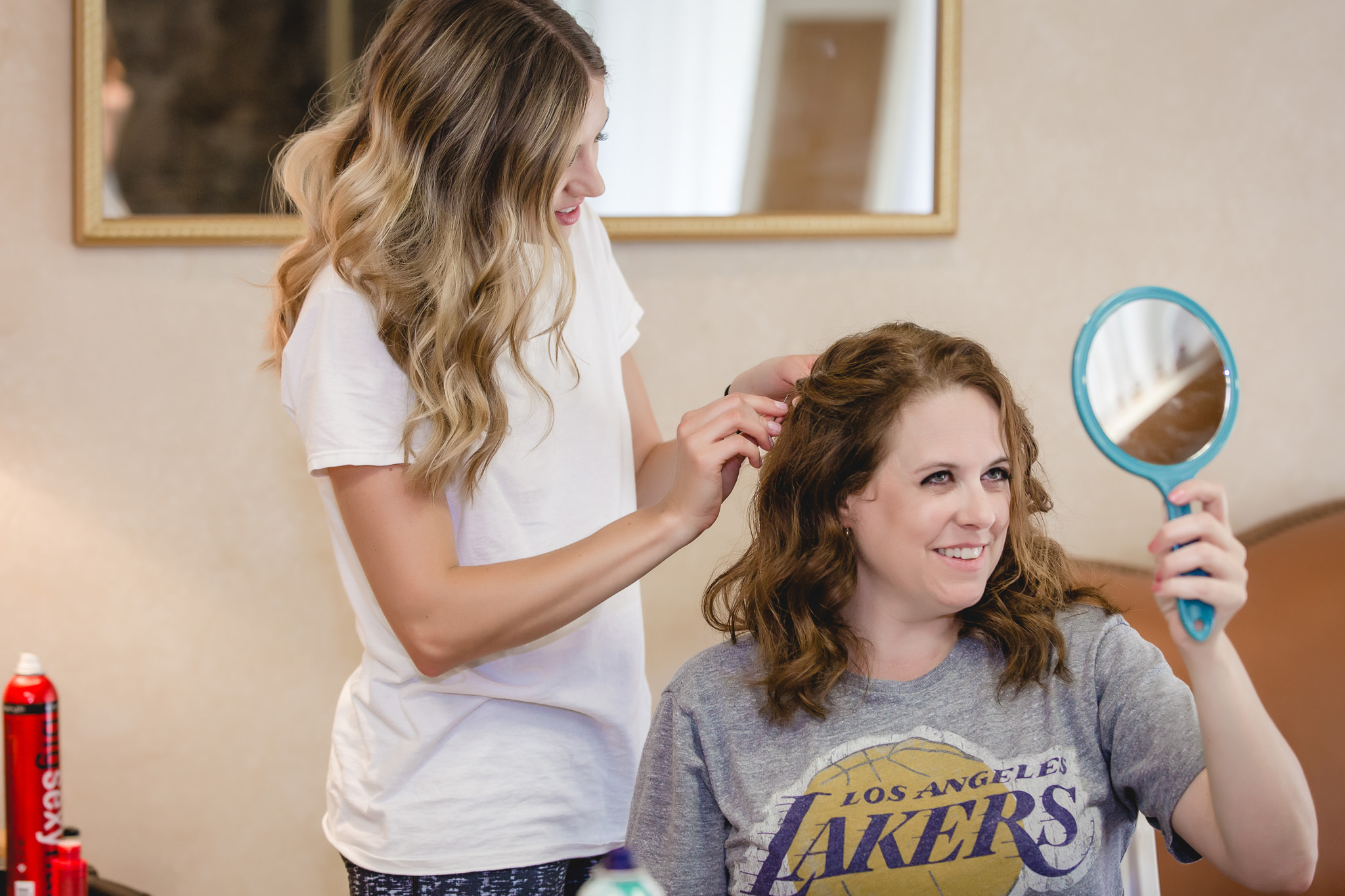 Bride does her mother's hair for her Hidden Valley Resort wedding