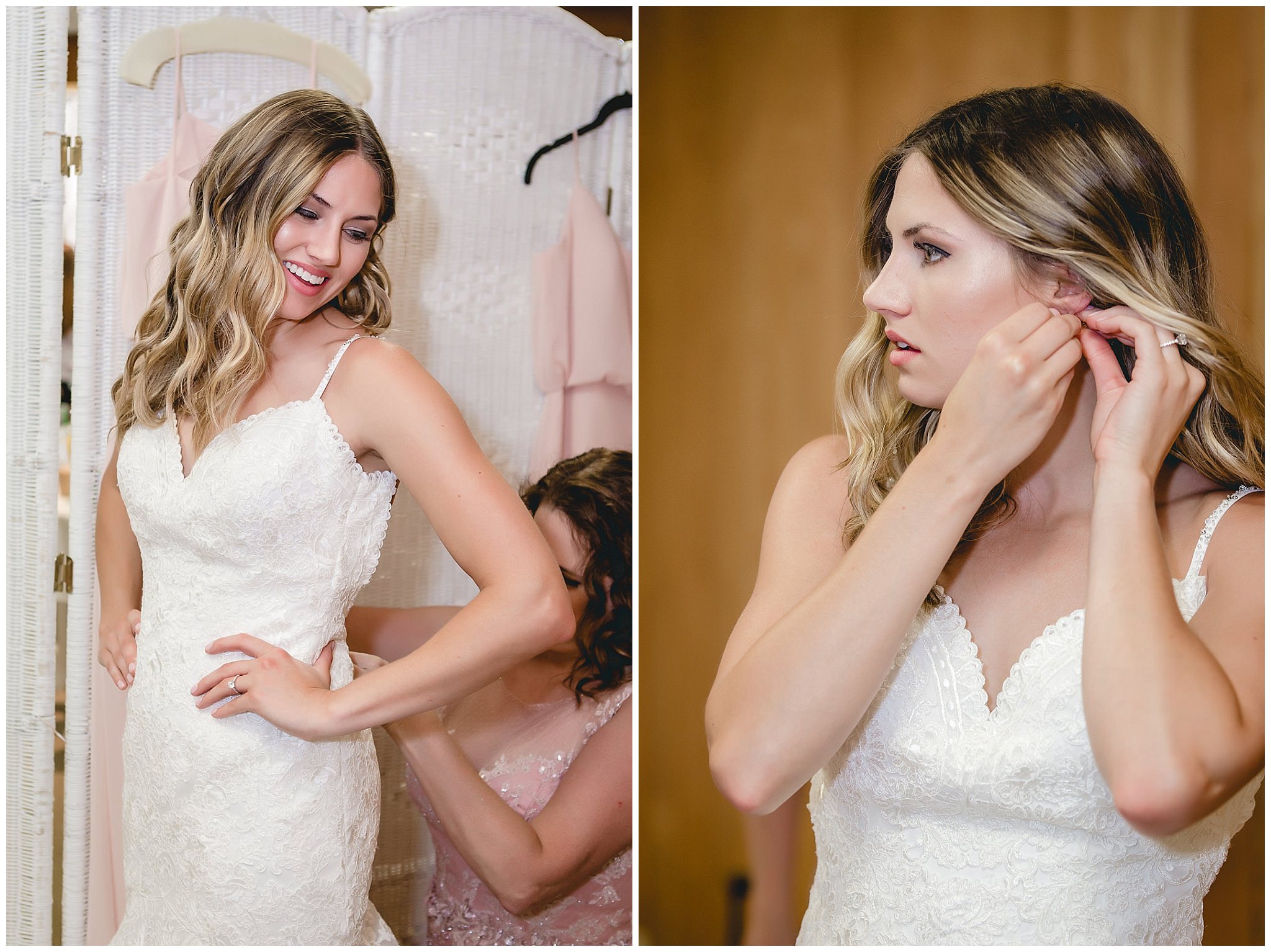 Bride gets into her wedding dress and puts on her earrings at Hidden Valley Resort