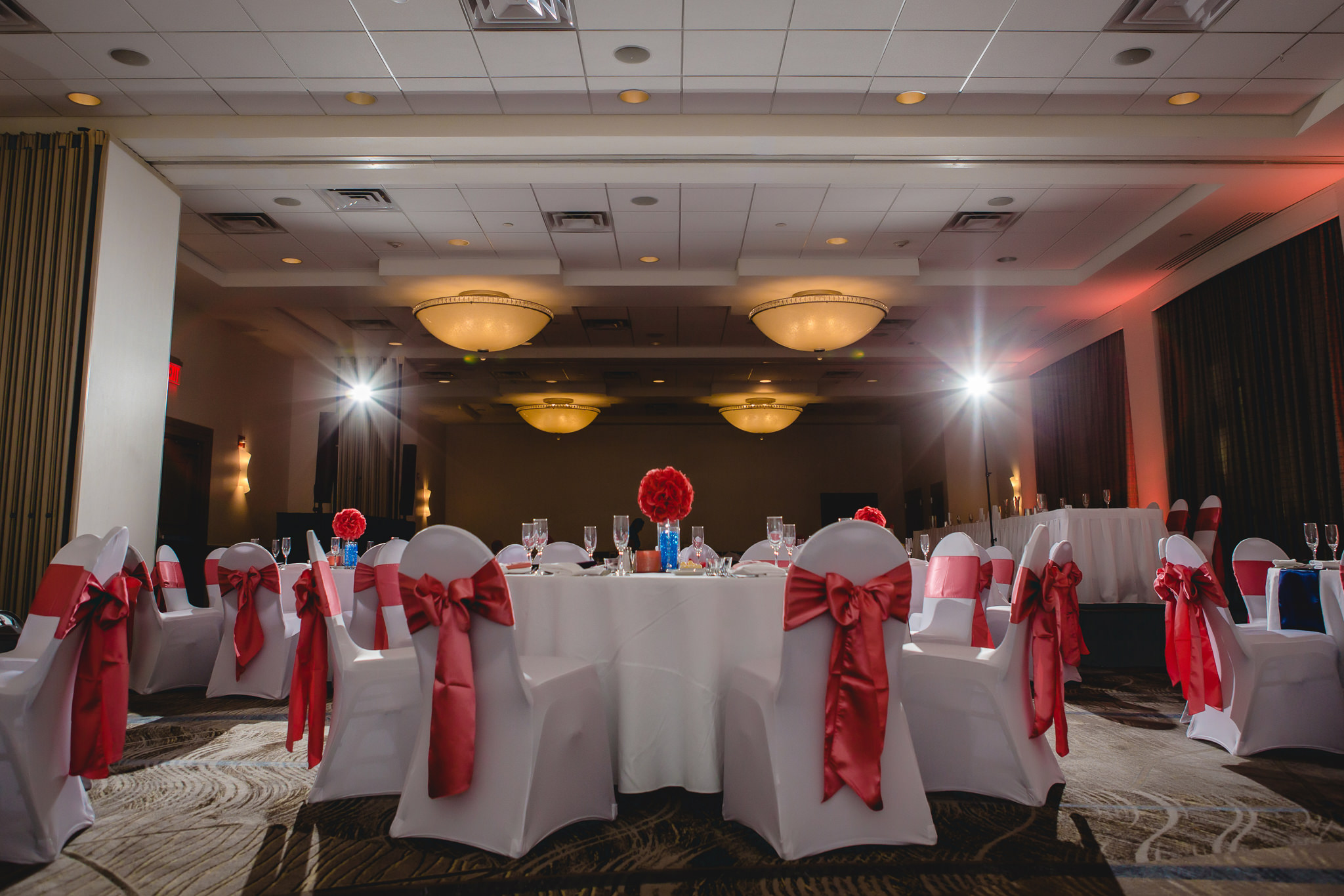 Three Rivers Room decorated for a wedding reception at the Pittsburgh Airport Marriott