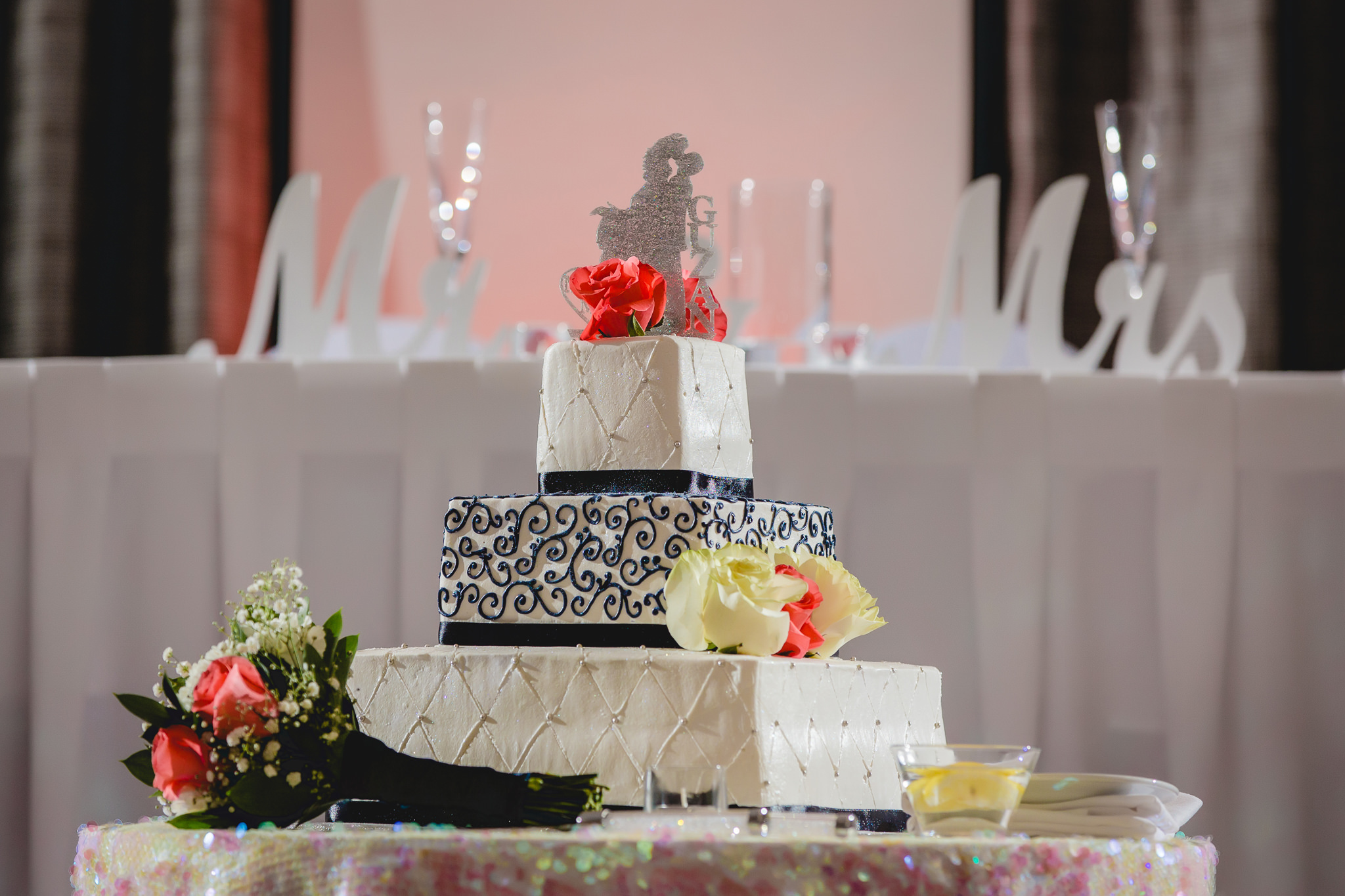 Wedding cake by Carol's Cakes in the Three Rivers Room of the Pittsburgh Airport Marriott