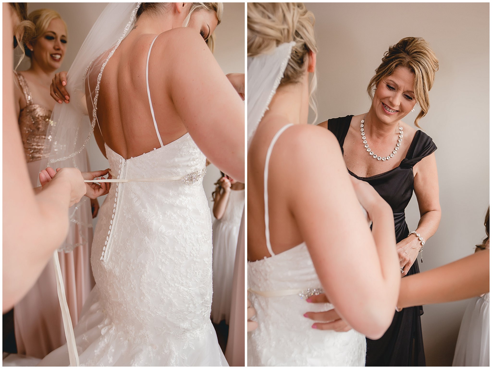 Bride gets into her Alfred Angelo wedding dress