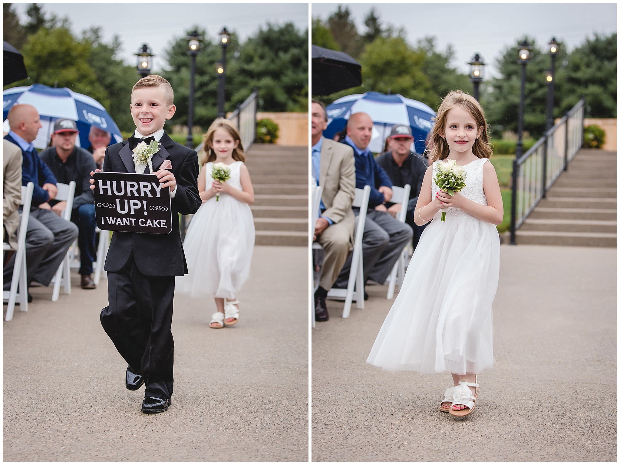 Ring bearer and flower girl walk down the aisle at the Gathering Place at Darlington Lake