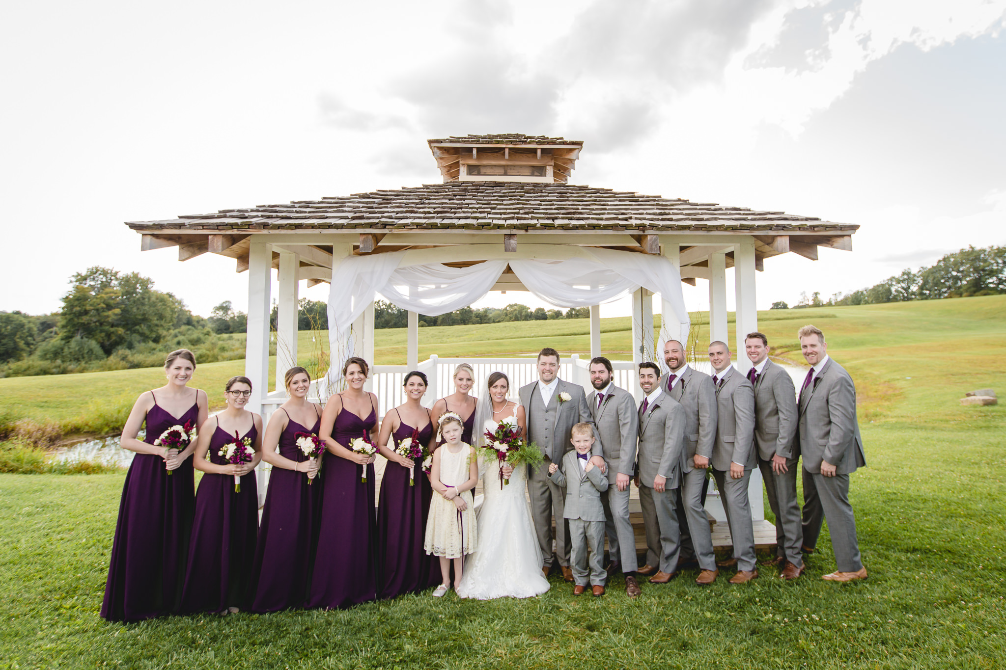 Wedding party in front of the gazebo at White Barn in Prospect, PA