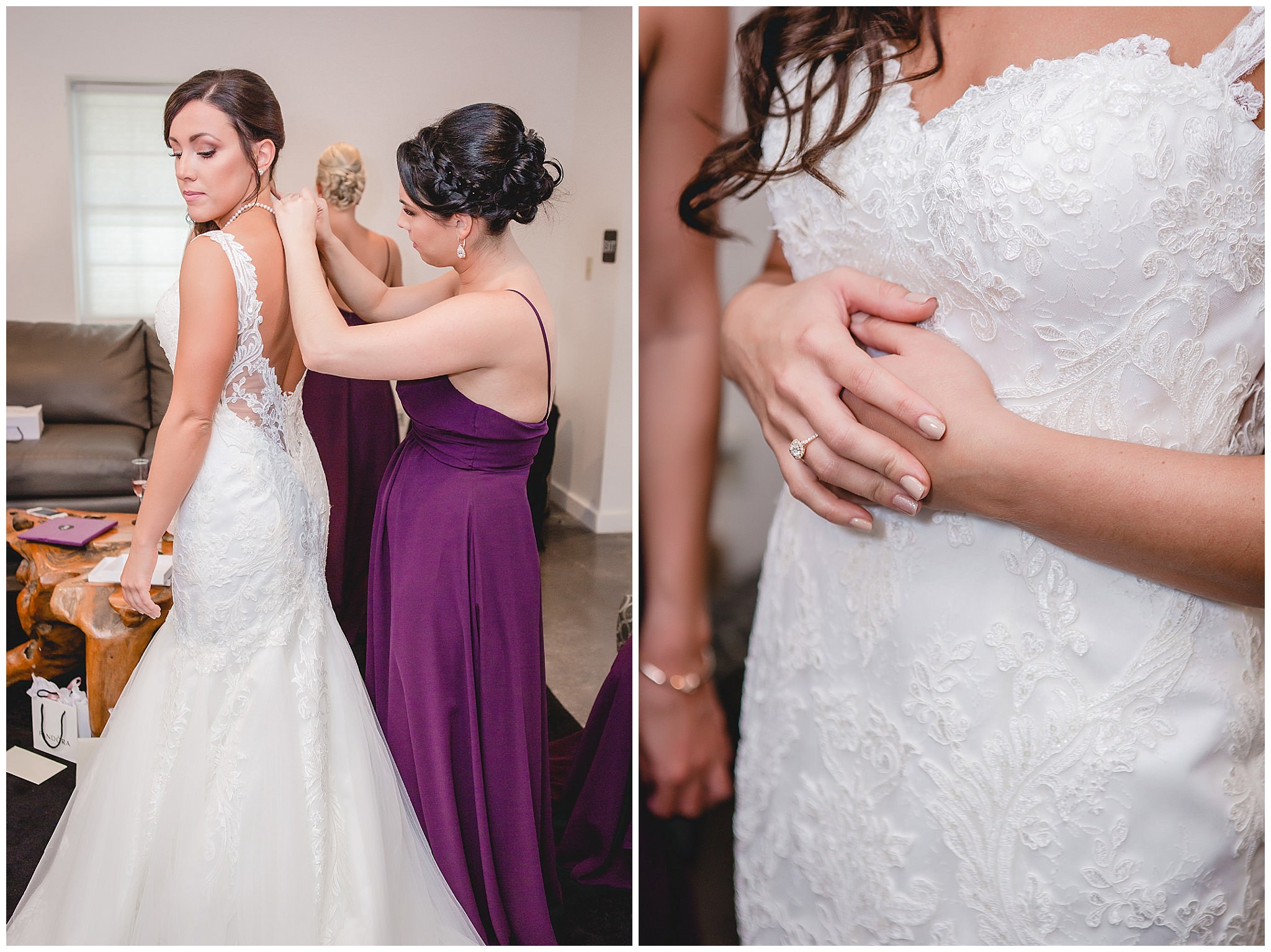 Bridesmaid puts bride's pearl necklace on her at White Barn