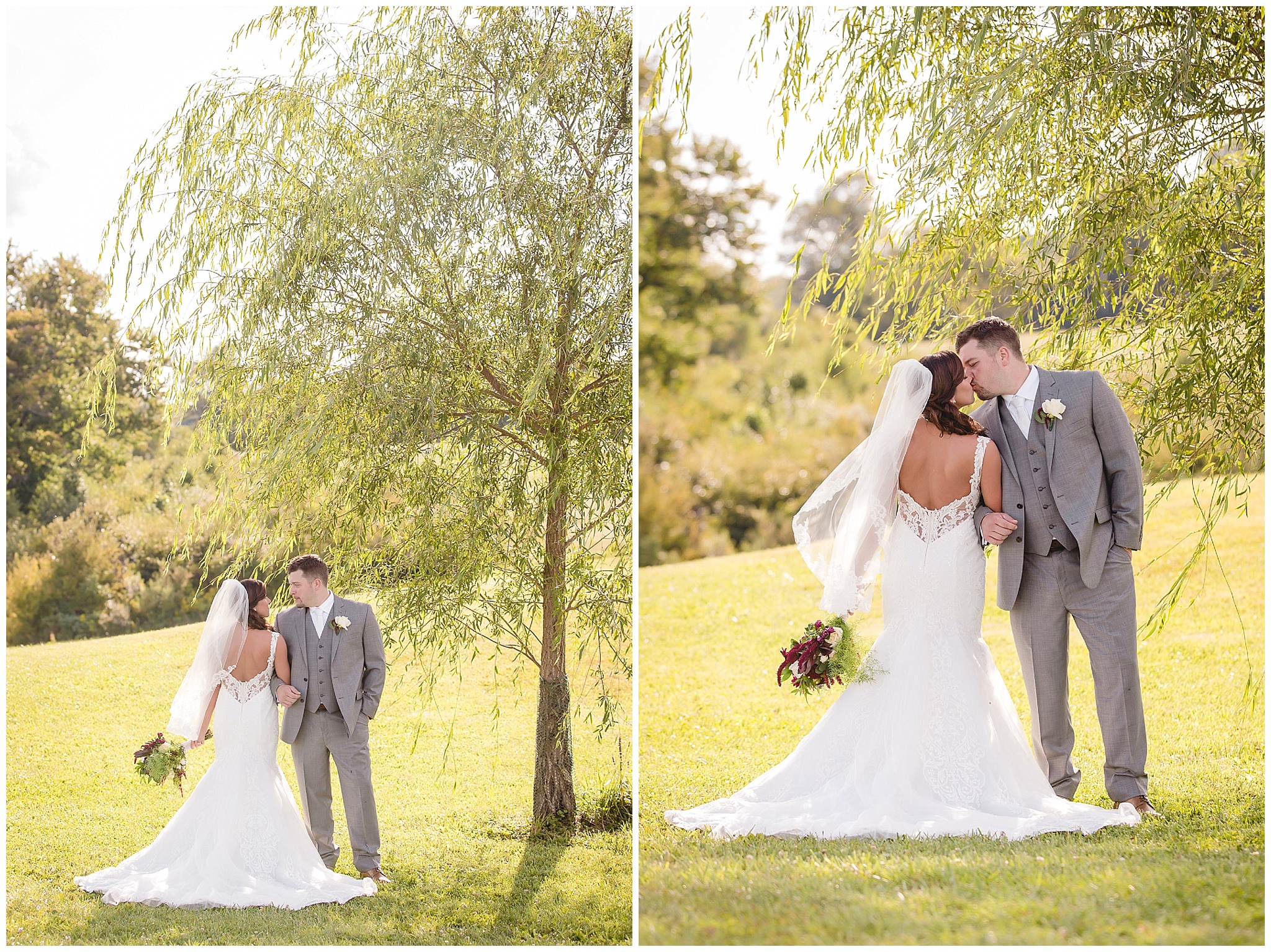 Bride kisses groom in her Casablanca bridal gown from Exquisite Bride at White Barn