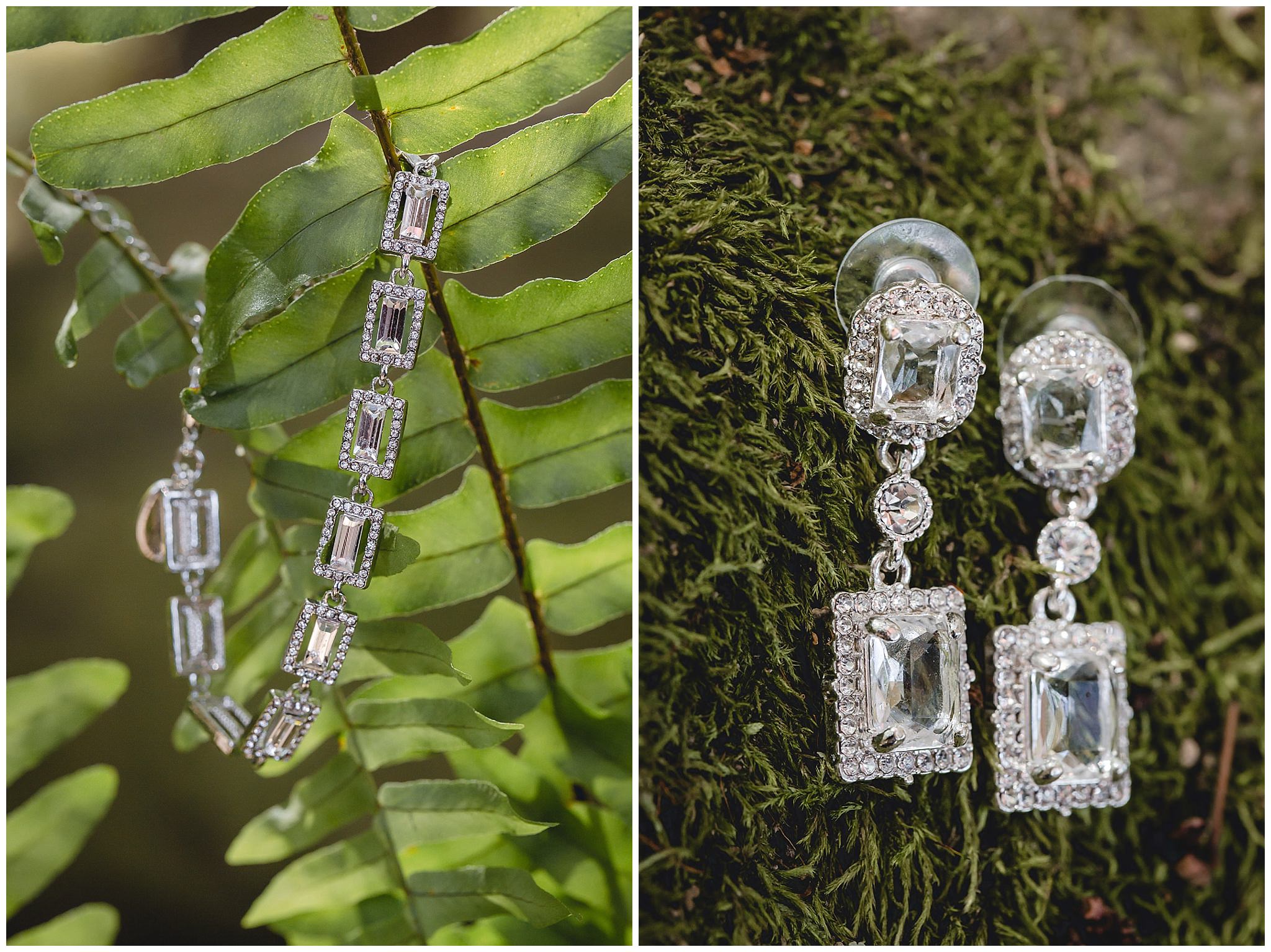 Bride's diamond jewelry hangs in the greenery at the Barn at Soergel Hollow
