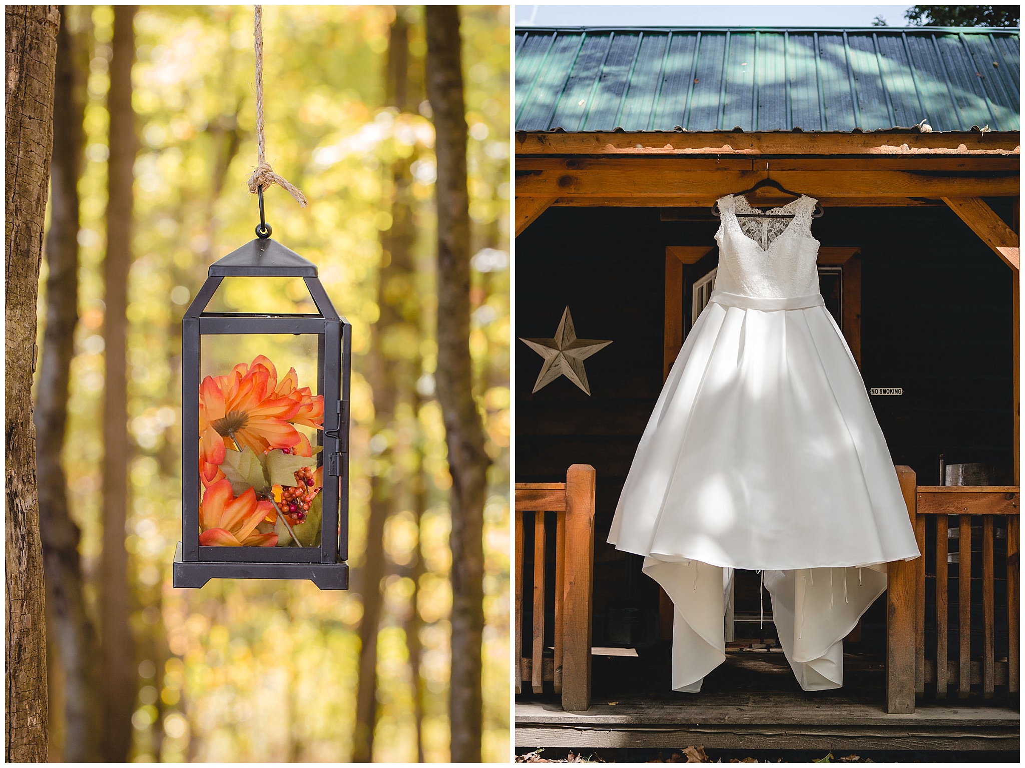Fall flowers in a lantern next an Essense of Australia wedding dress