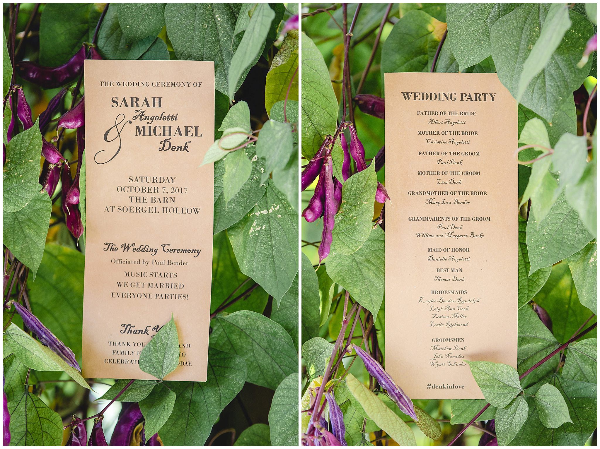 Programs for a wedding ceremony at the Barn at Soergel Hollow