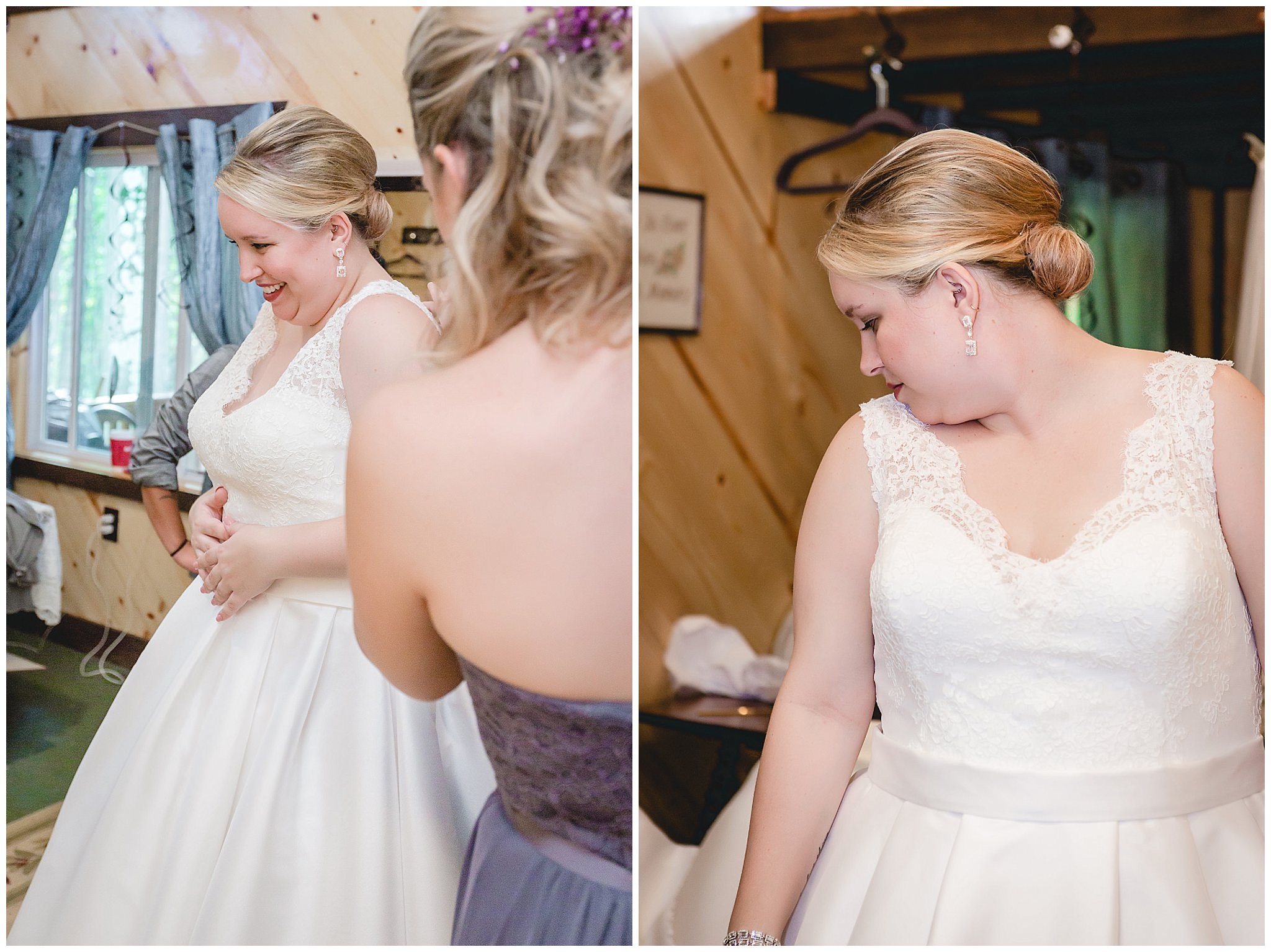 Bride gets into her Essense of Australia wedding gown at the Barn at Soergel Hollow