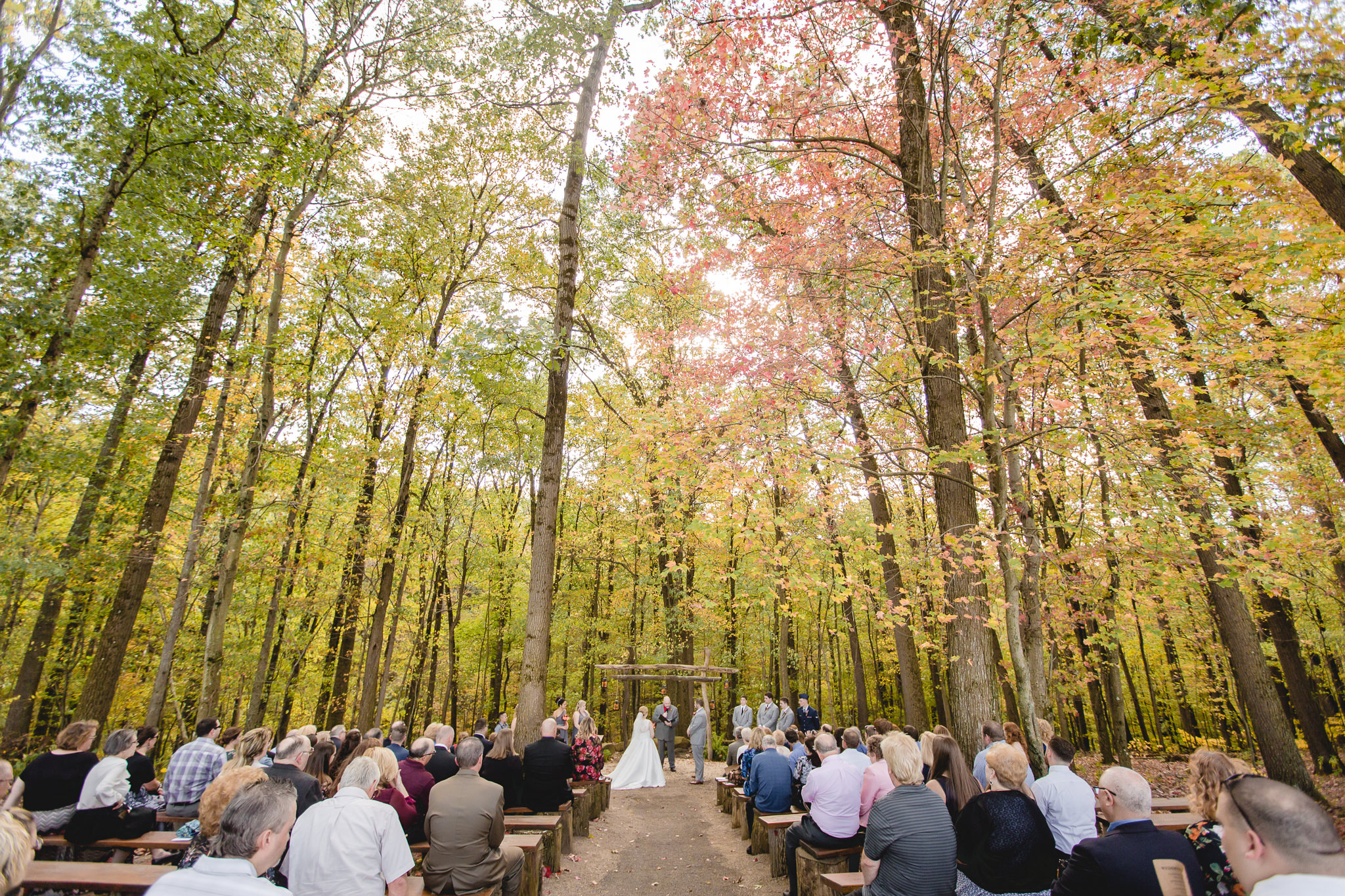 Fall wedding ceremony at the Barn at Soergel Hollow in October