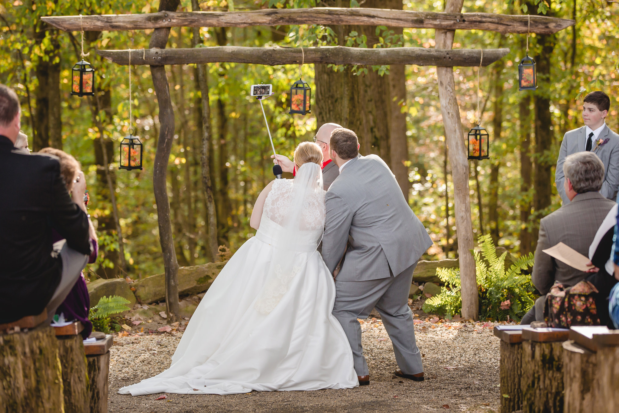 Officiant takes a selfie with the bride and groom at the Barn at Soergel Hollow