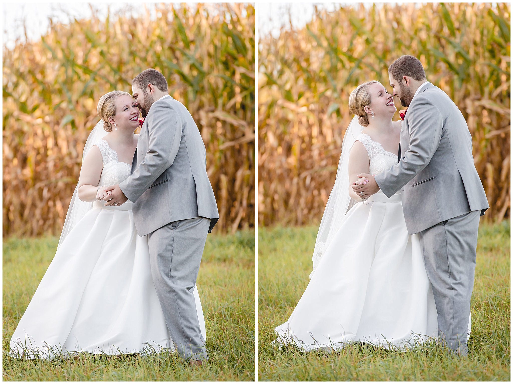 Bride and groom dance near a corn field at the Barn at Soergel Hollow