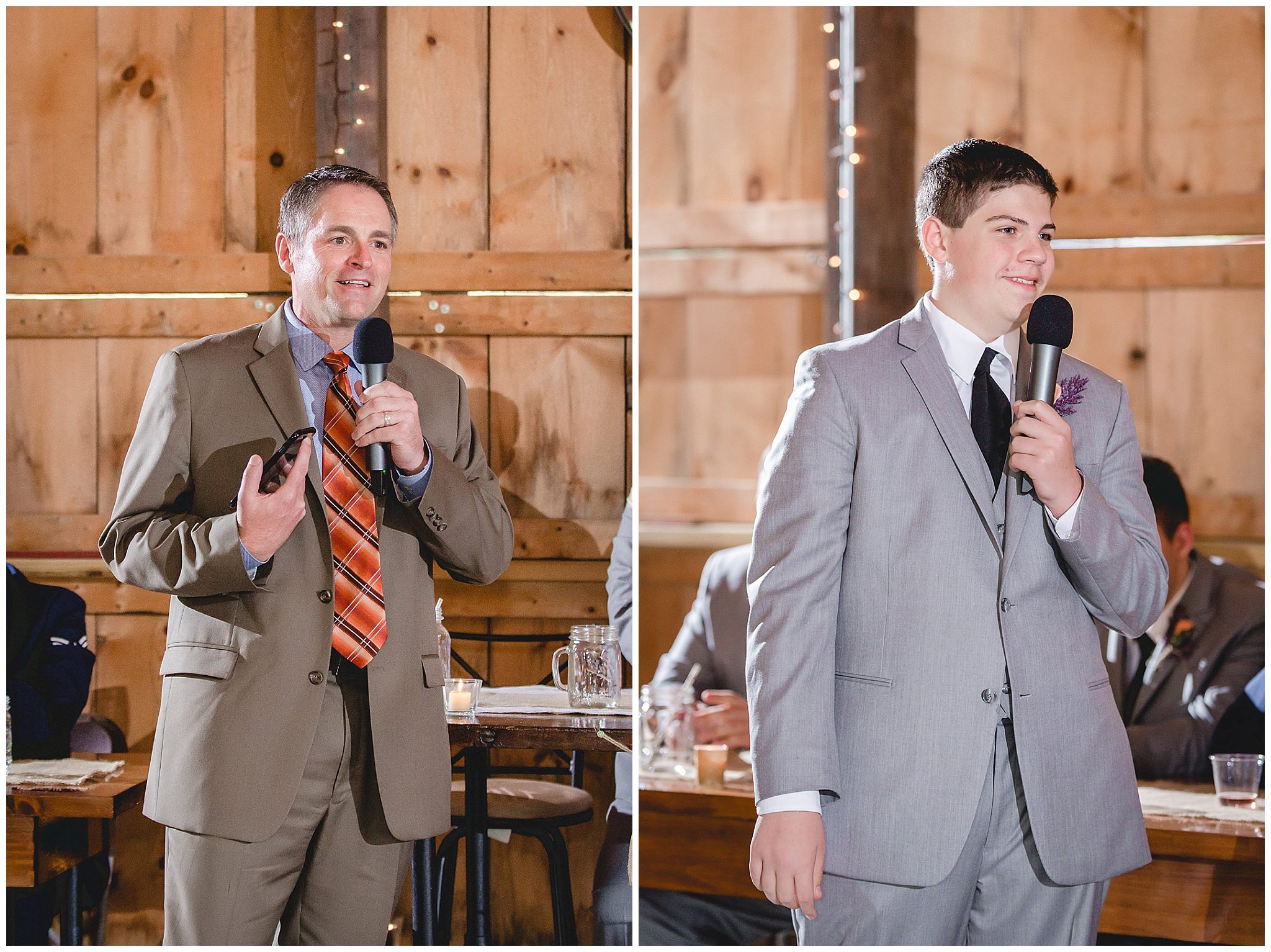 Best men give speeches at a Barn at Soergel Hollow wedding reception