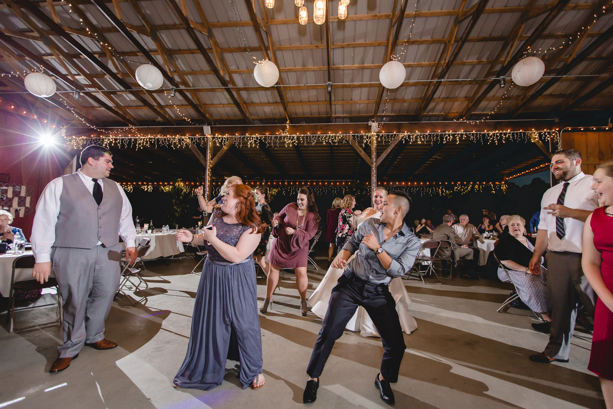 Wedding guests on the dance floor at the Barn at Soergel Hollow