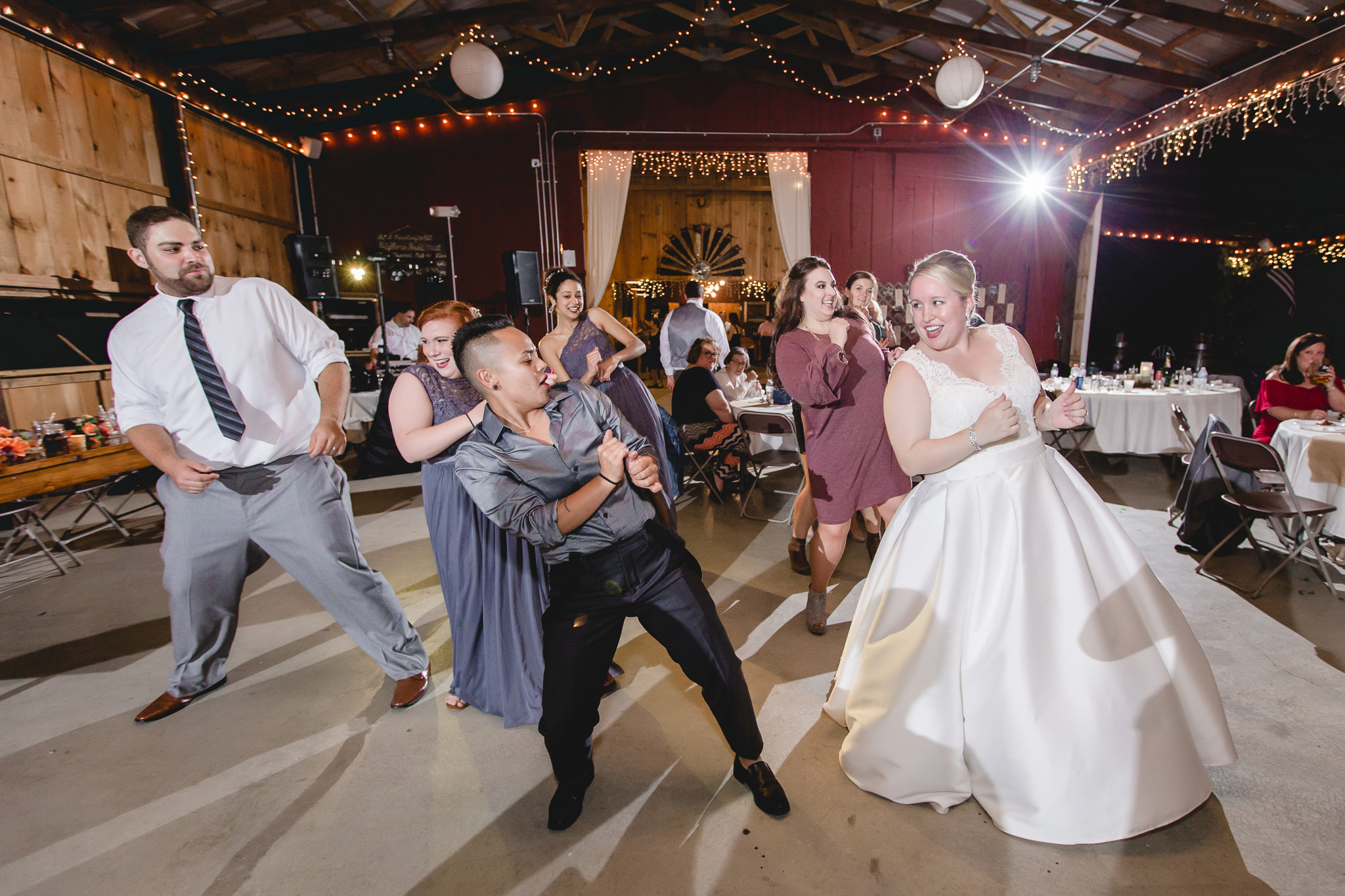 Guests dancing to the Wobble at a Barn at Soergel Hollow wedding reception