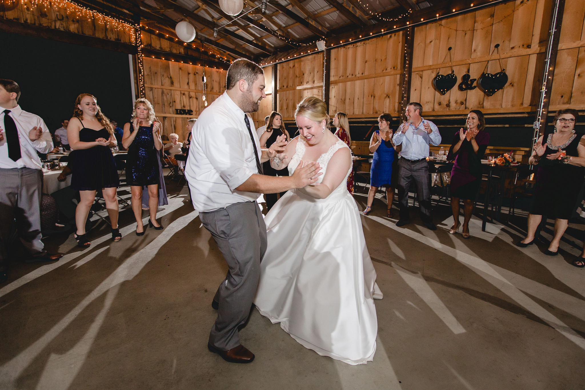 Bride and groom dancing at the Barn at Soergel Hollow