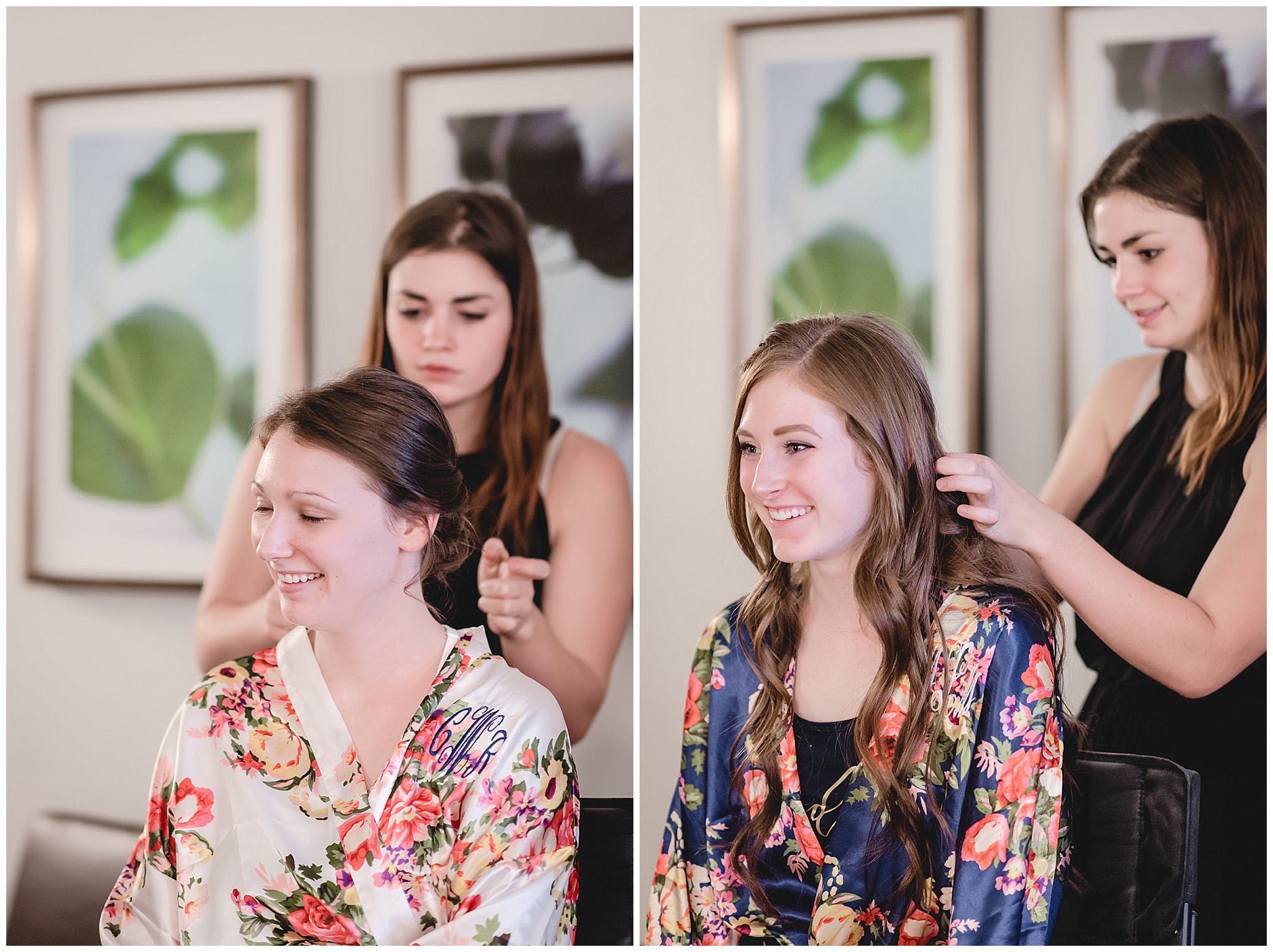 Bride and bridesmaids get their hair done for a wedding at the Chadwick