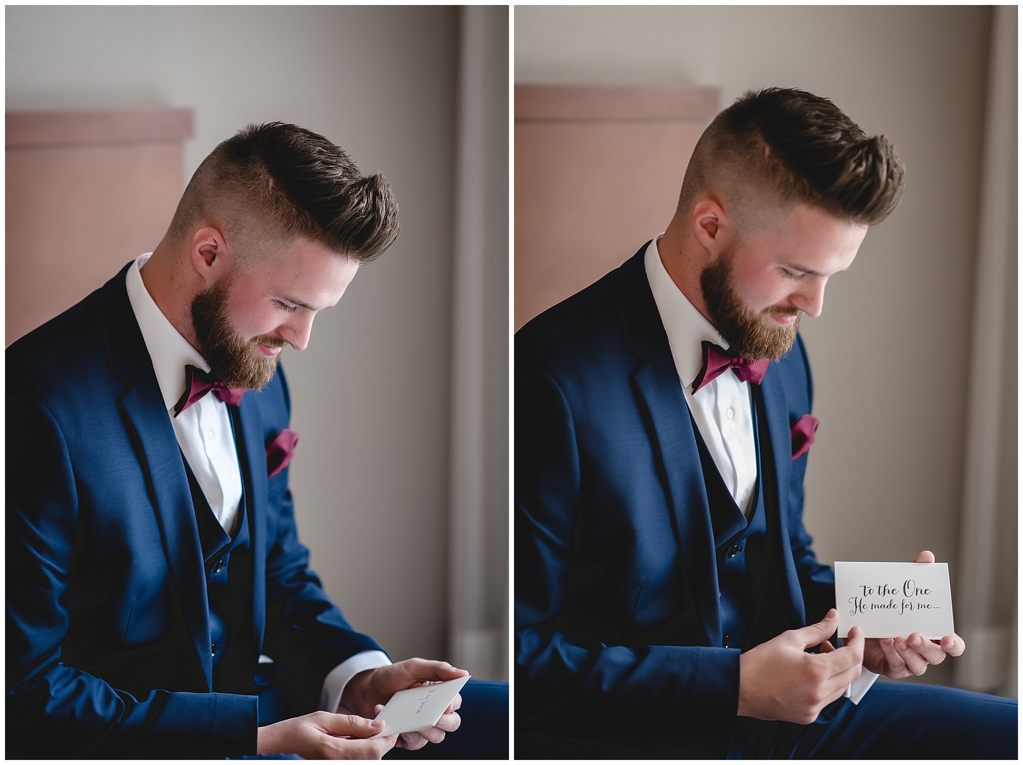 Groom reads a letter from his bride before his wedding at the Chadwick