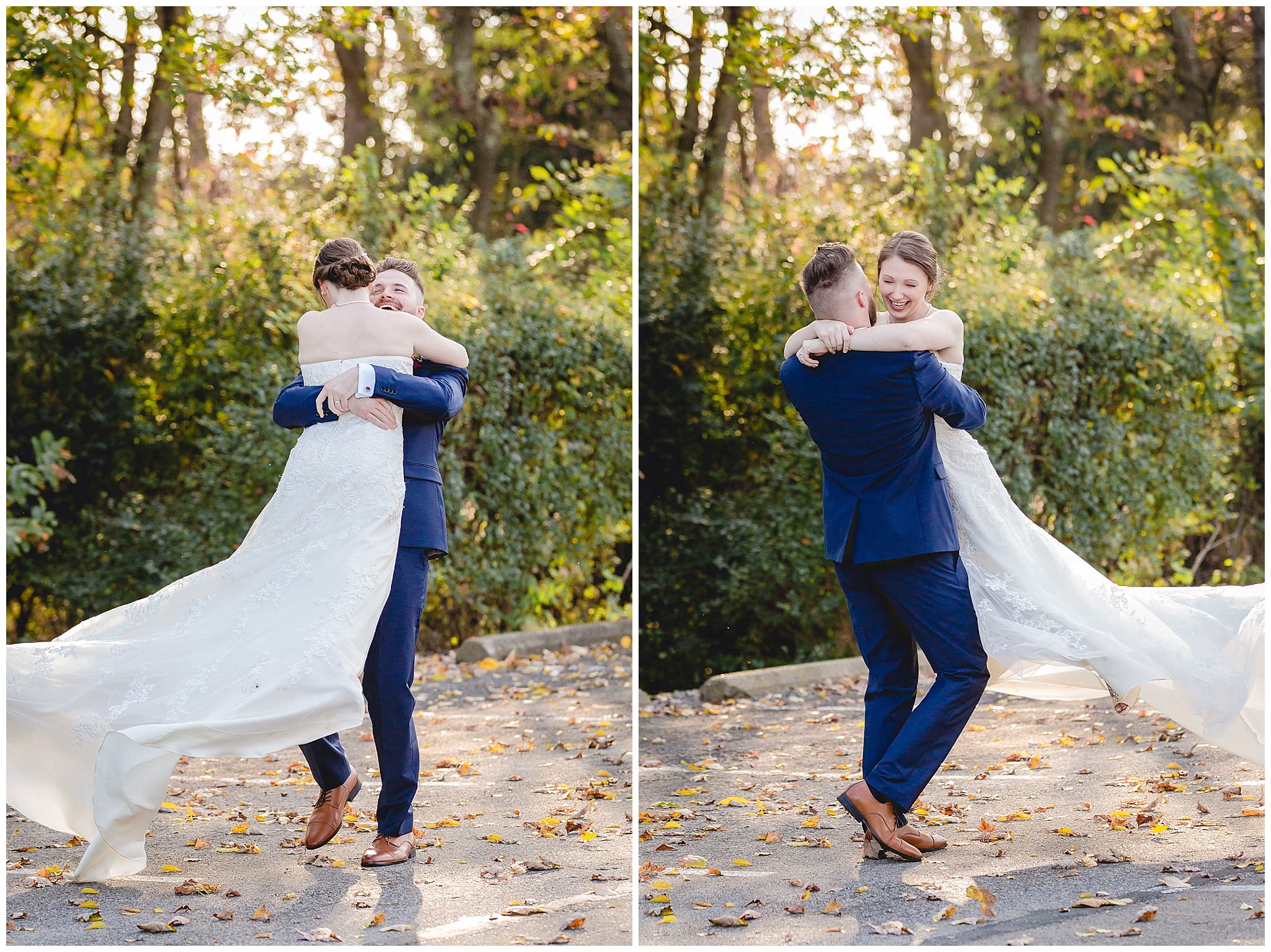 Groom swings his bride around playfully during portraits at the Chadwick