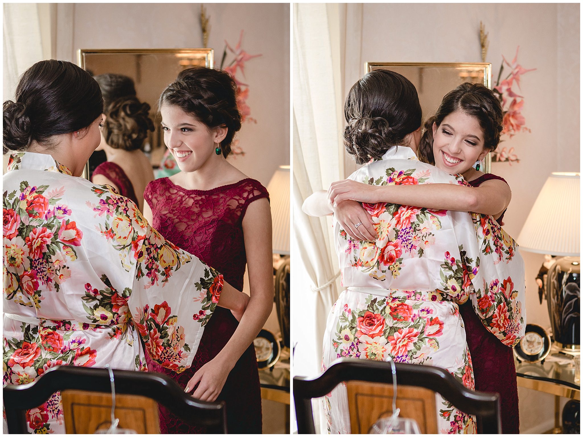 Bridesmaid hugs the bride while getting ready for a DoubleTree Pittsburgh Airport wedding