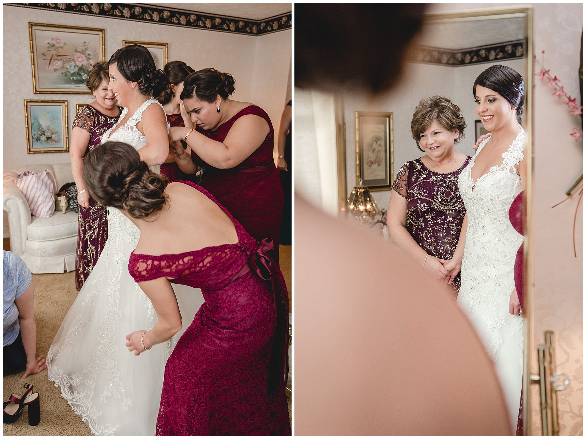Mother of the bride smiles as bridesmaids help her into her dress