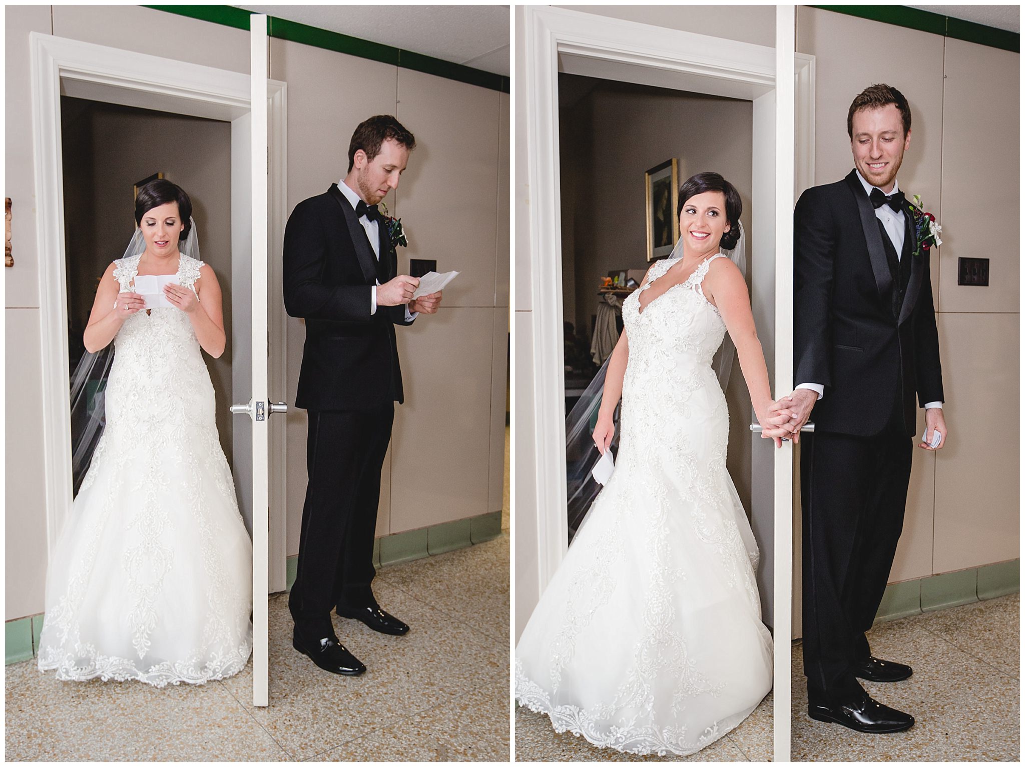 Bride and groom do a first touch around a door at St. John the Baptist
