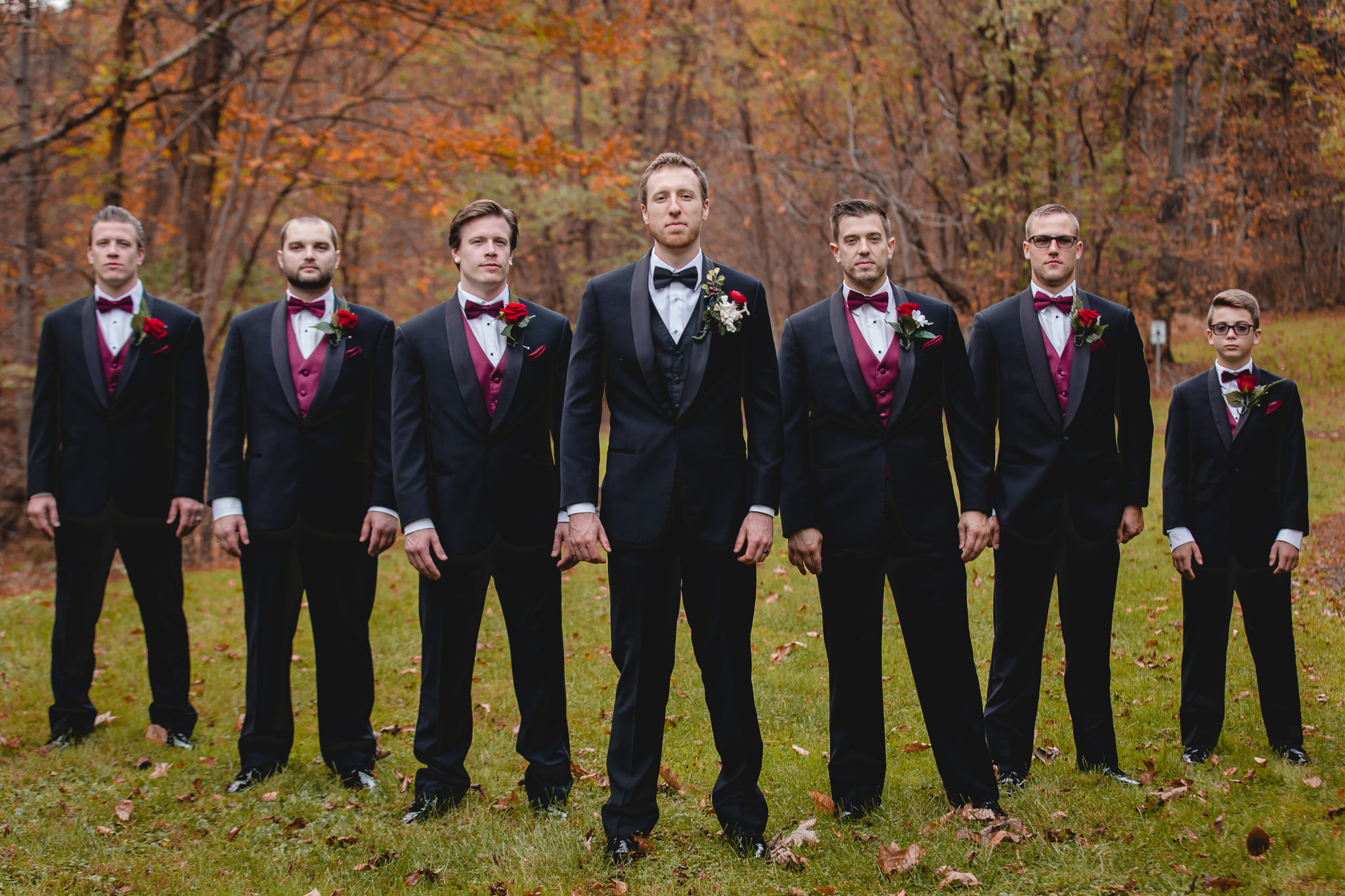 Groom stands with his groomsmen before his October wedding at DoubleTree Pittsburgh Airport