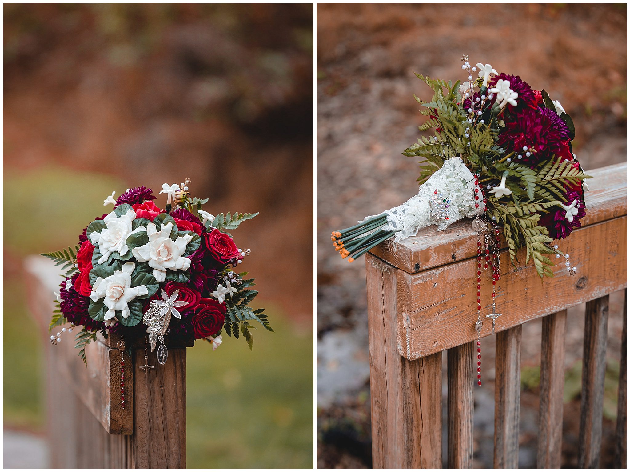 Bride's bouquet of white, red, and burgundy flowers with personal items hanging from the base