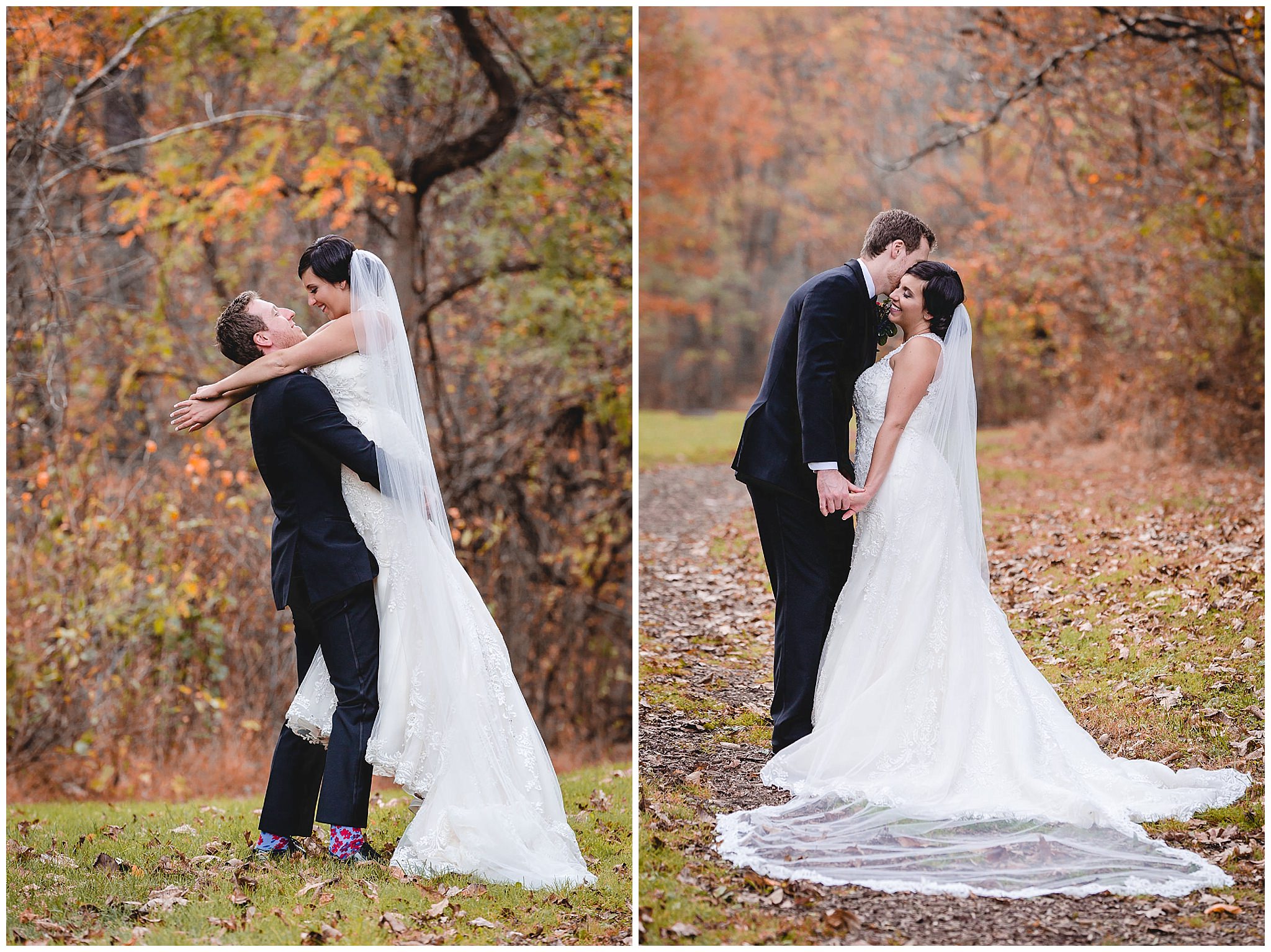Groom lifts his bride into the air during portraits in the park for their October wedding