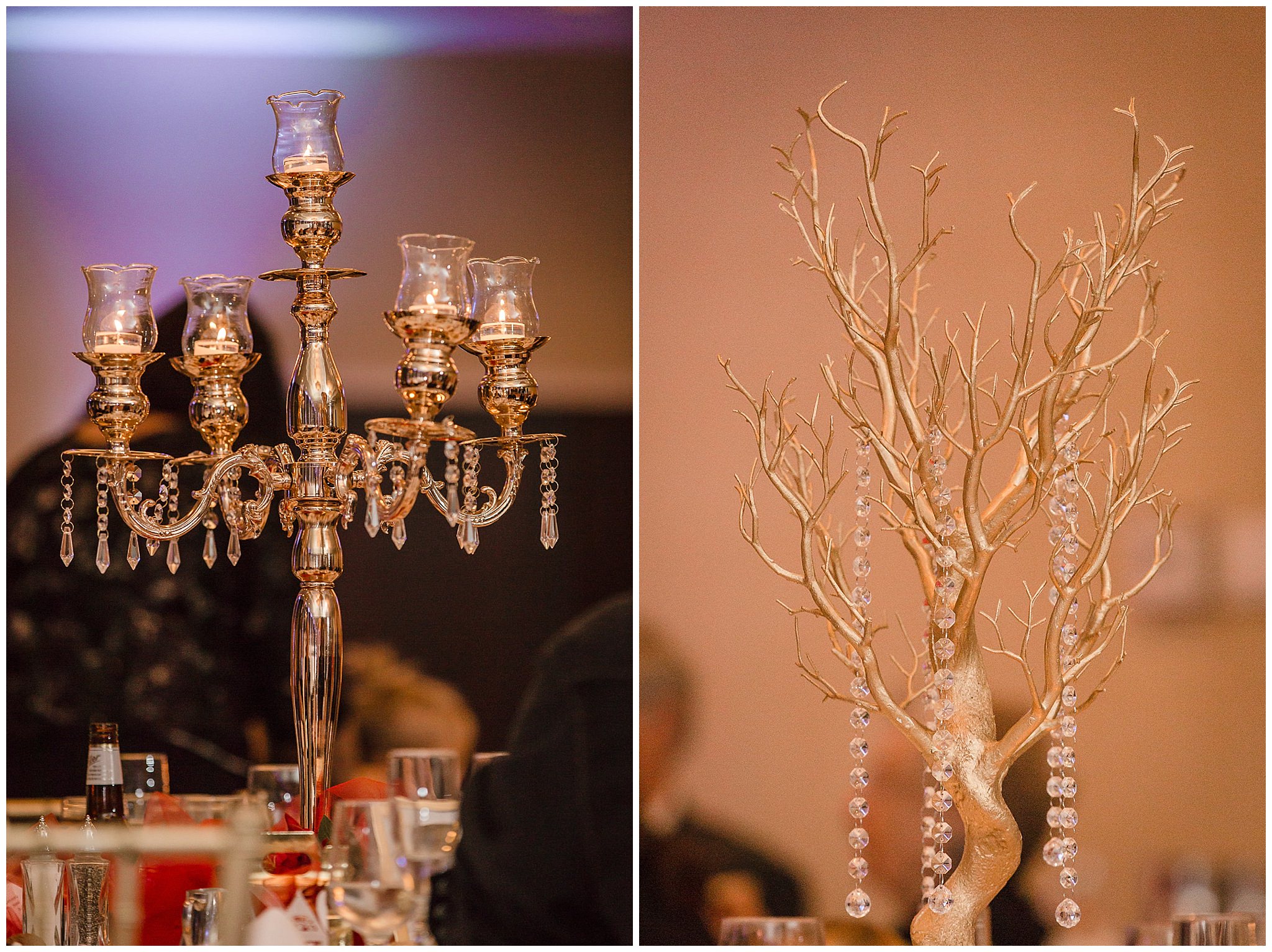 Candelabras and gold centerpieces at a wedding at the DoubleTree Pittsburgh Airport