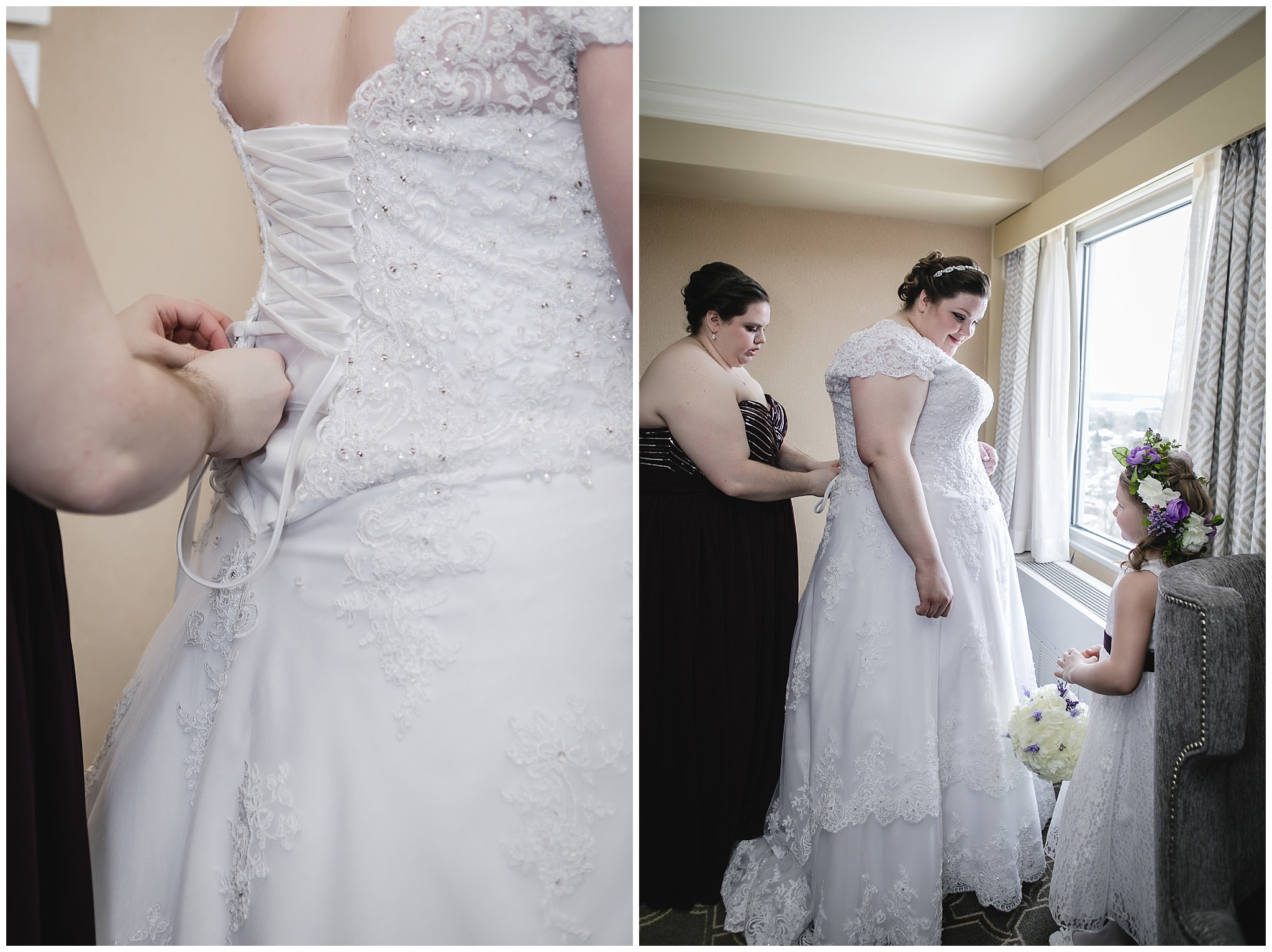 Bride's sister helps her into her wedding dress at the DoubleTree in Moon Township