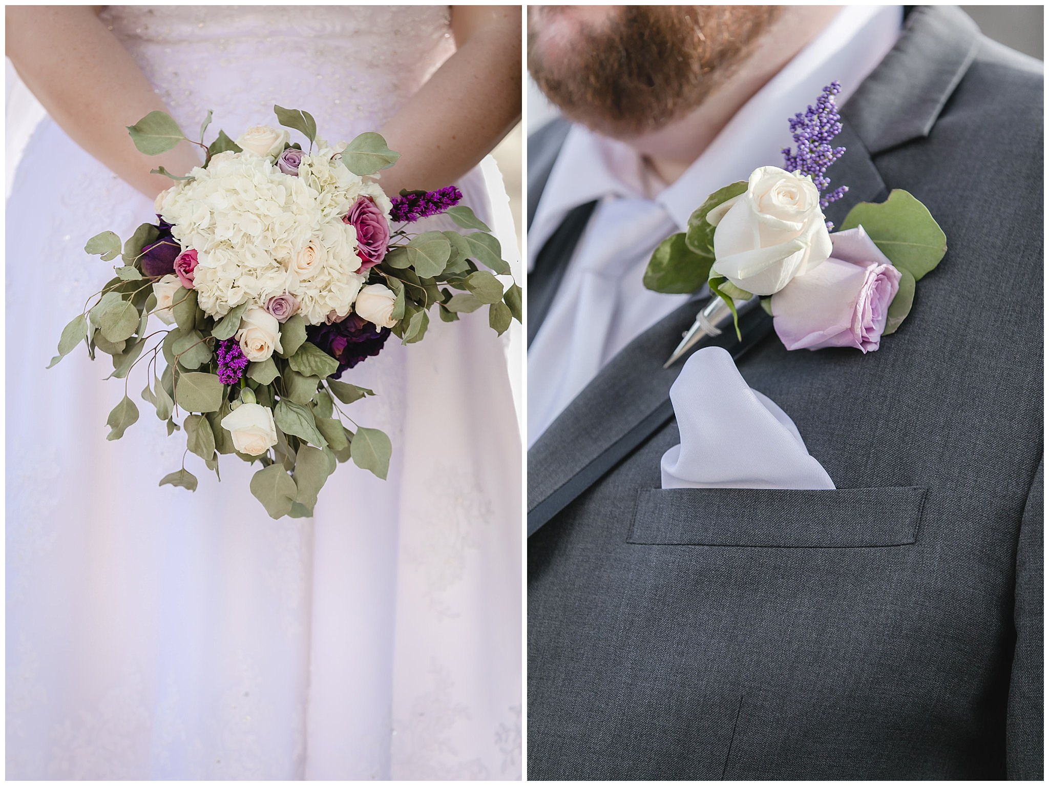Closeup of bride's bouquet & groom's boutonniere for their spring wedding at the Fez
