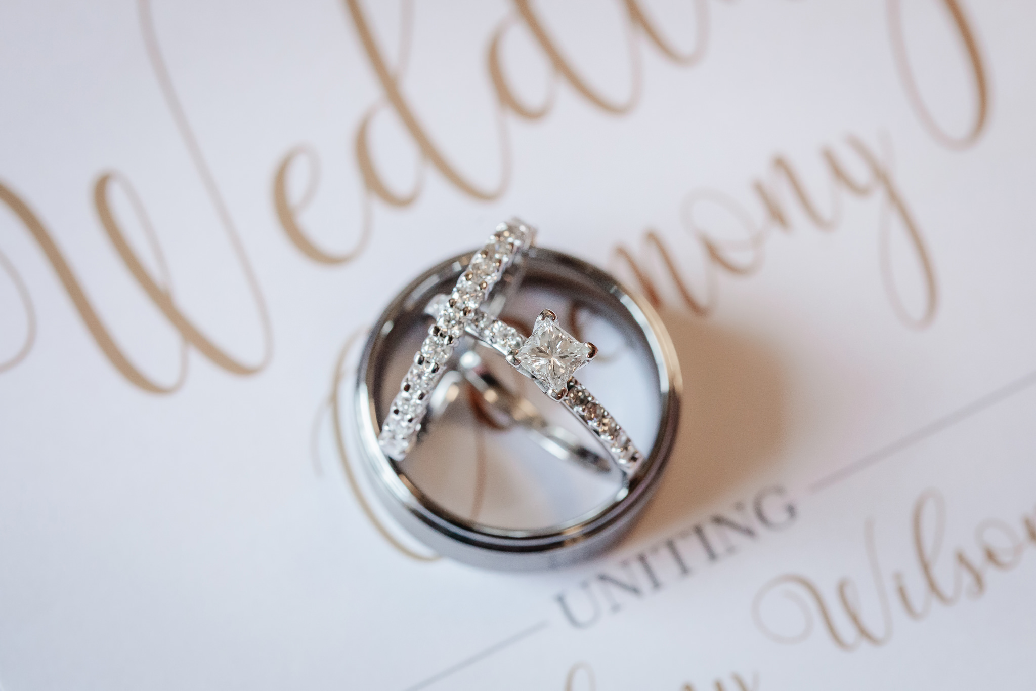 Overhead view of diamond wedding rings
