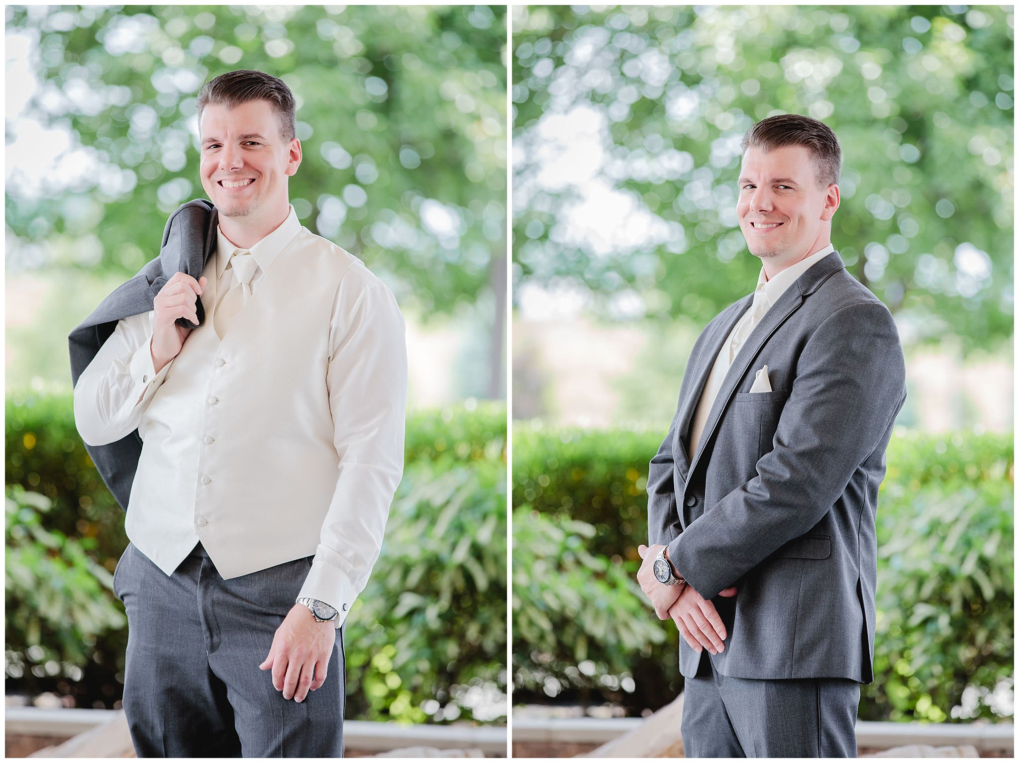 Groom poses for portraits outside of Chestnut Ridge Golf Resort