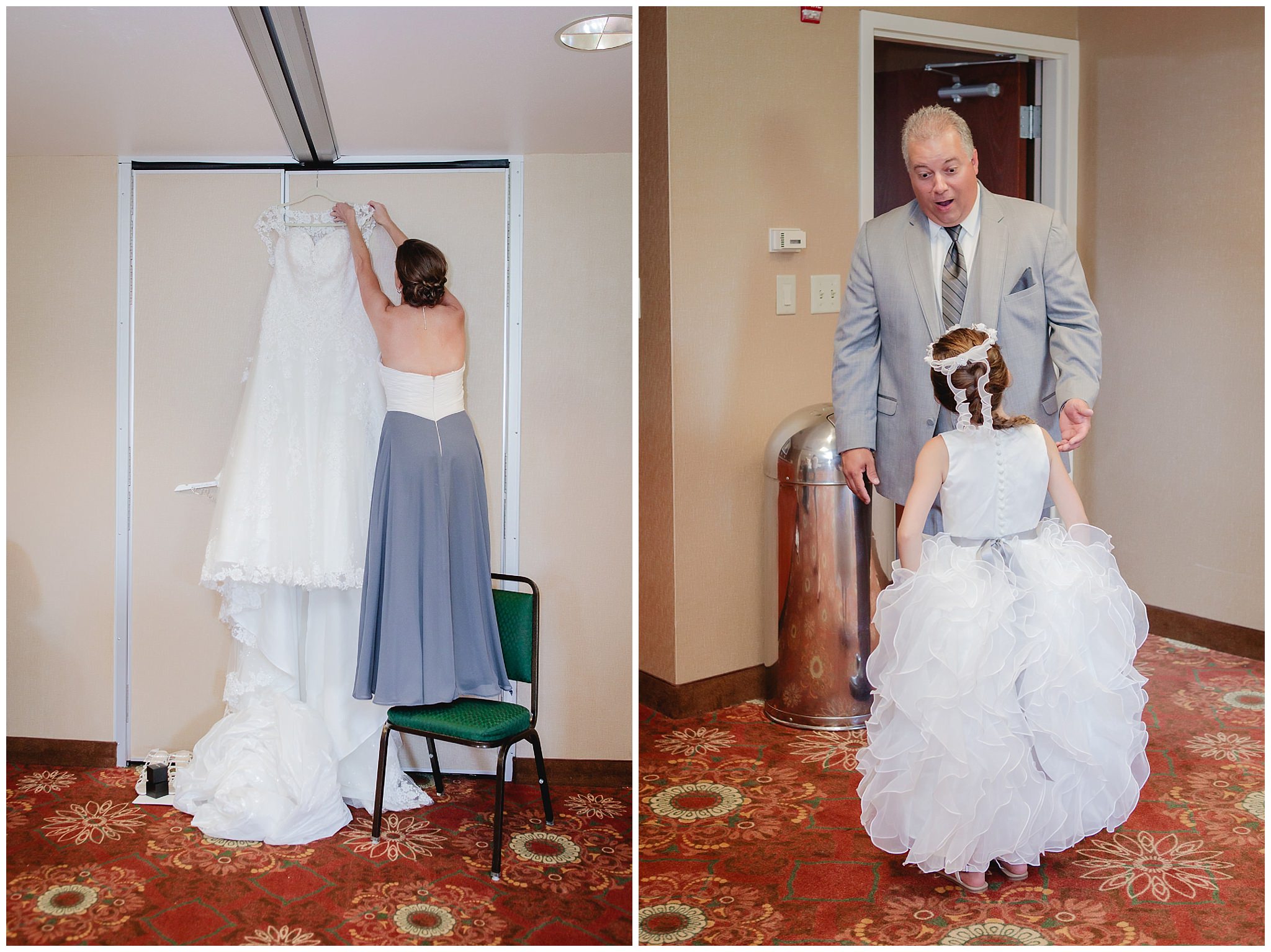 Maid of honor gets bride's gown off of hanger at Chestnut Ridge Golf Resort