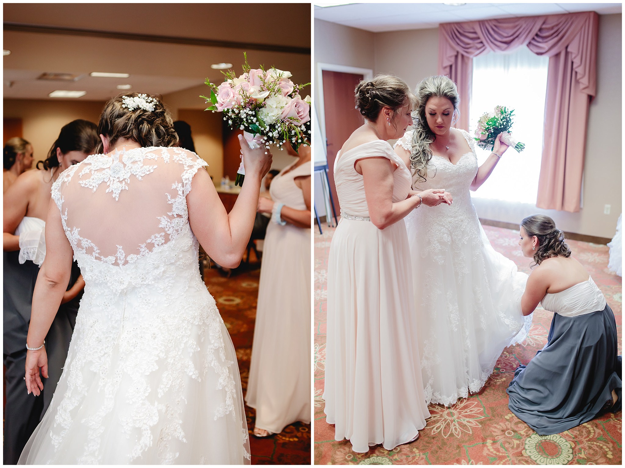 The back of the bride's lace gown at Chestnut Ridge Golf Resort