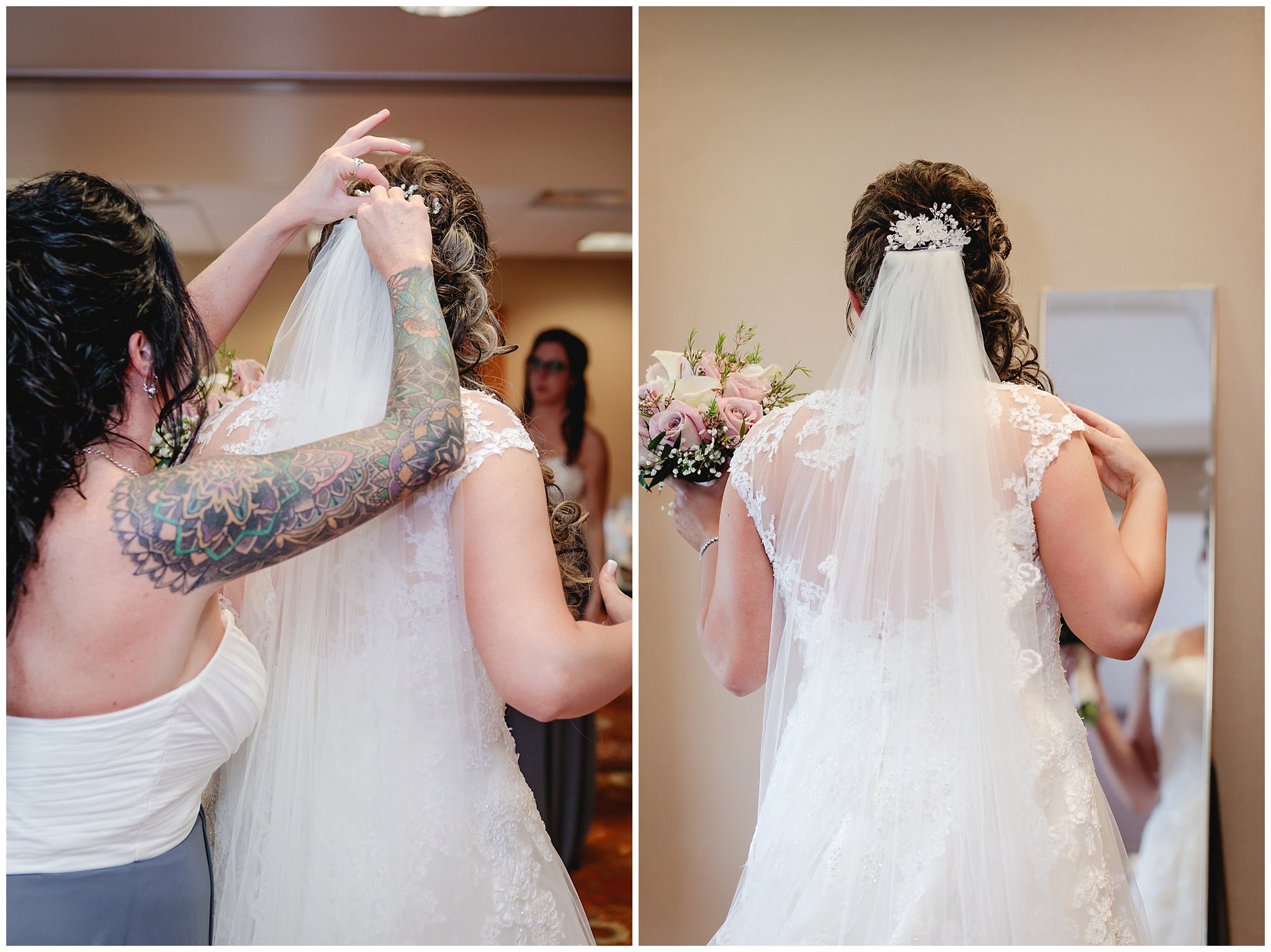Bridesmaid helps put veil into bride's hair at Chestnut Ridge Golf Resort