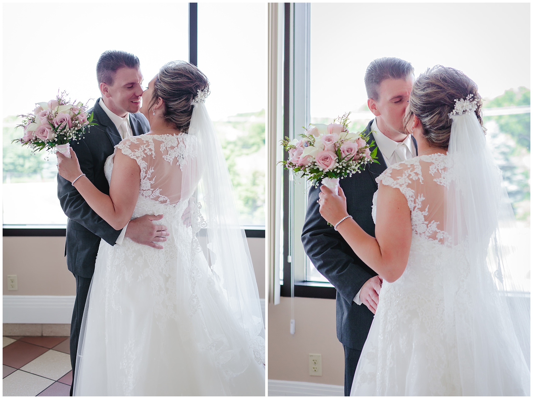 Bride & groom kiss during their first look at Chestnut Ridge Golf Resort