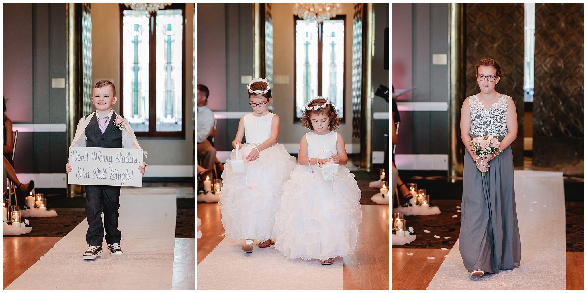 Ring bearer, flower girls, and junior bridesmaid walk down the aisle at Chestnut Ridge Golf Resort