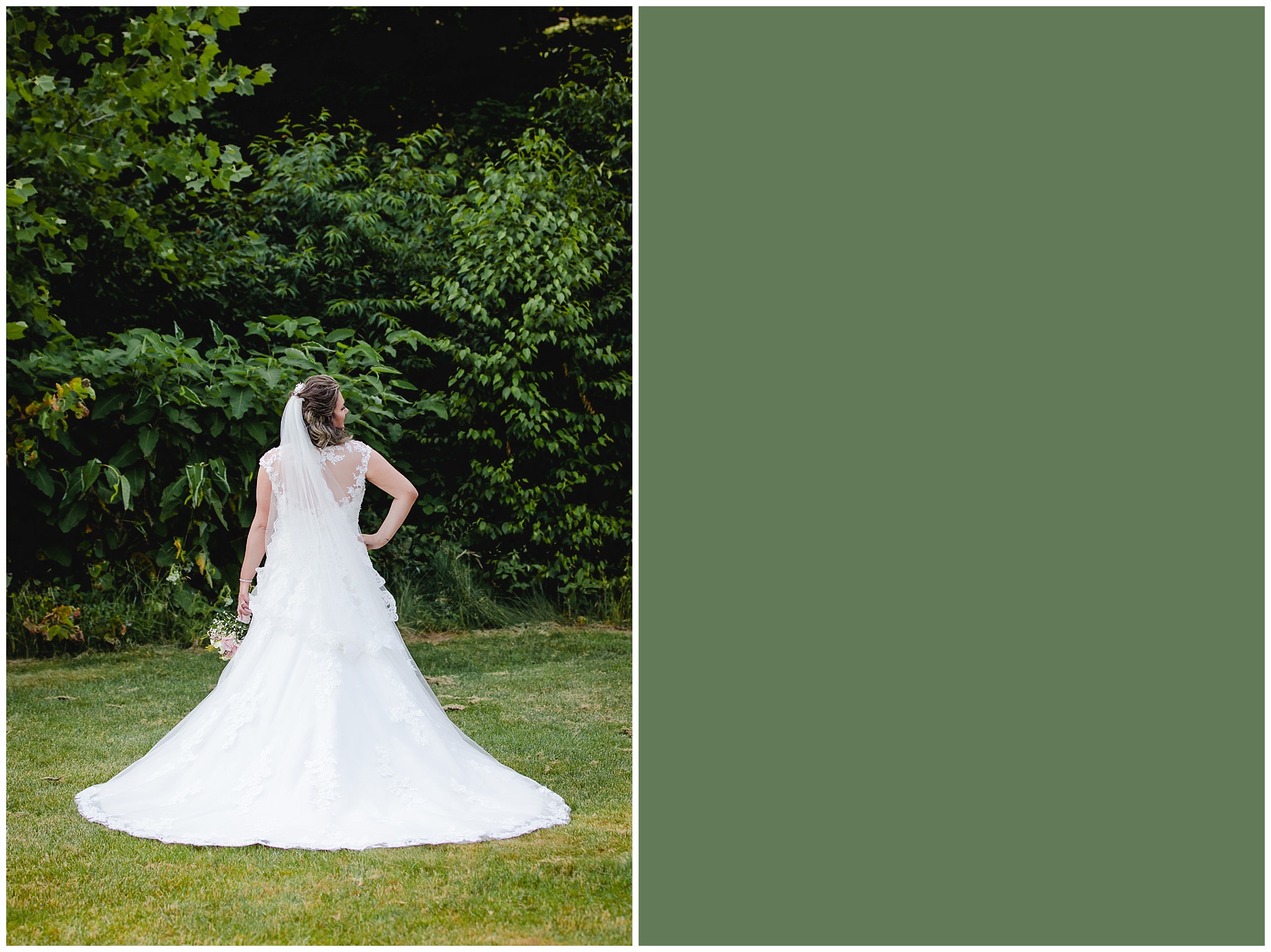 Back of bride's dress fanned out at Chestnut Ridge Golf Resort