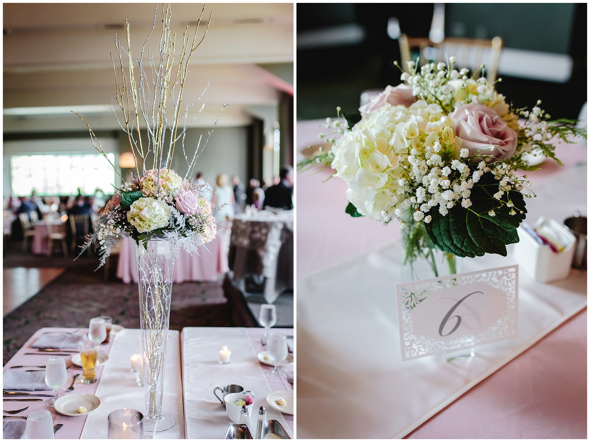 Floral centerpieces at a Chestnut Ridge Golf Resort wedding reception