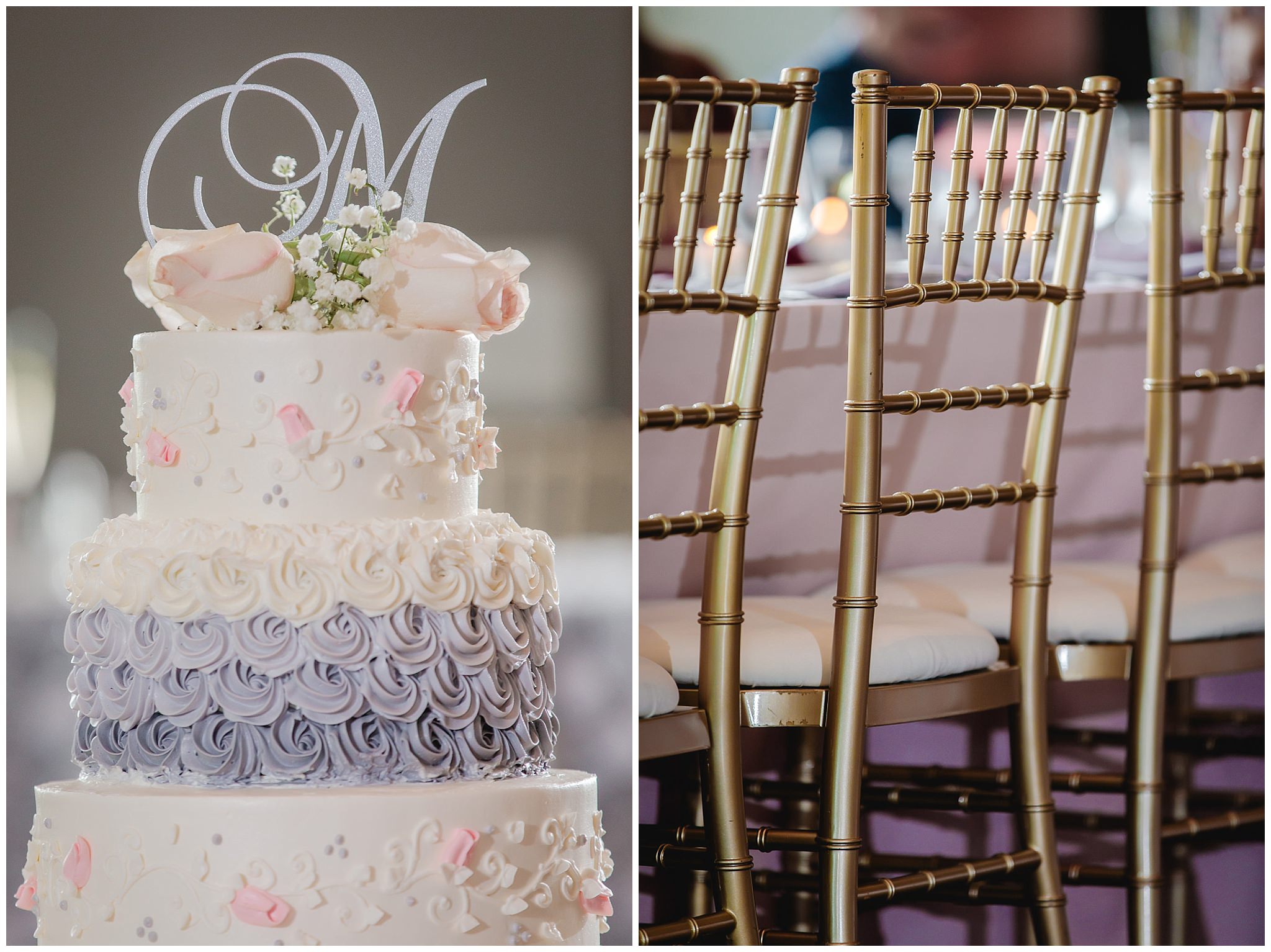 Wedding cake and gold chairs at Chestnut Ridge Golf Resort
