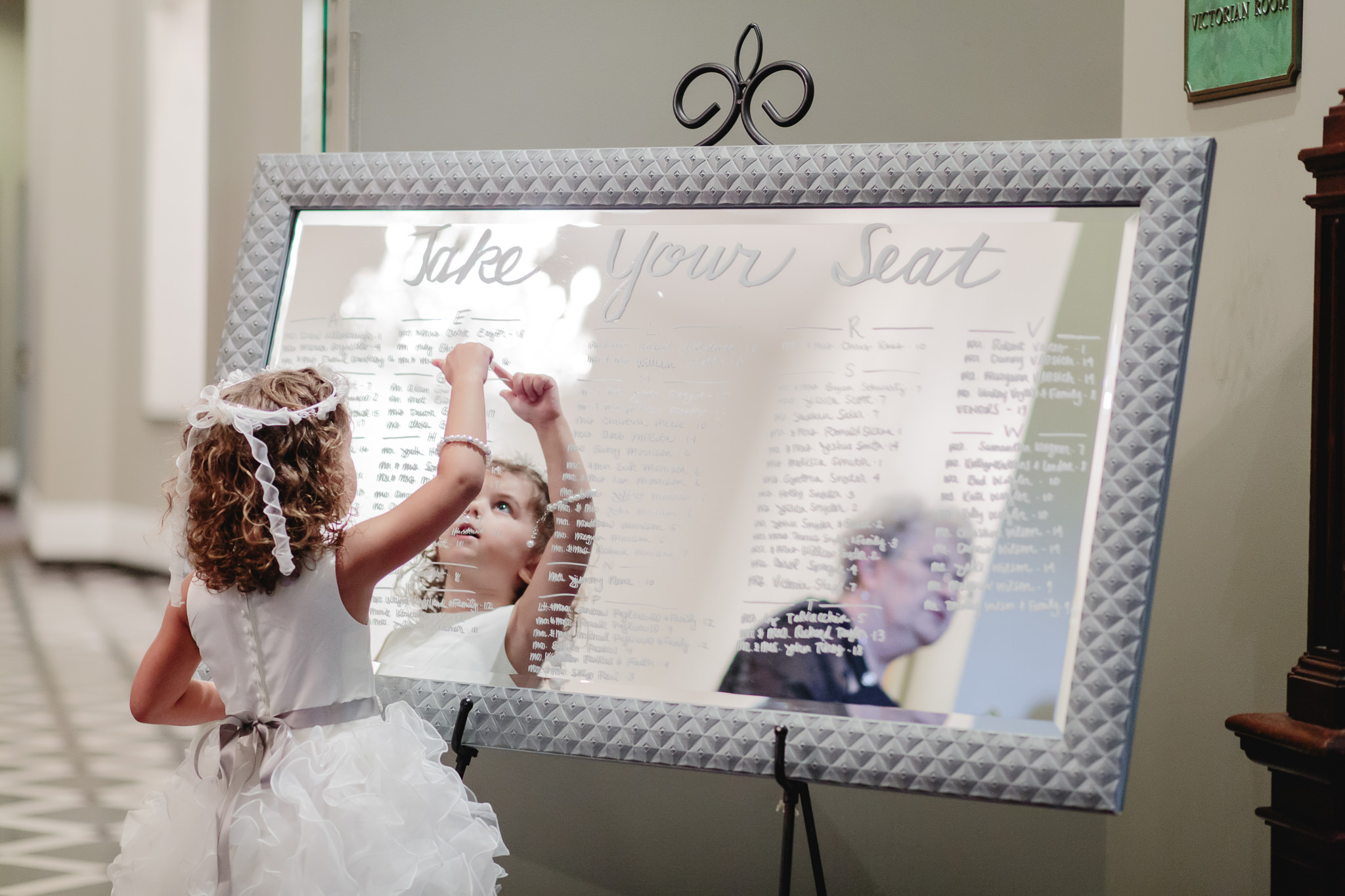 Flower girl checks the seating chart before a Chestnut Ridge Golf Resort reception