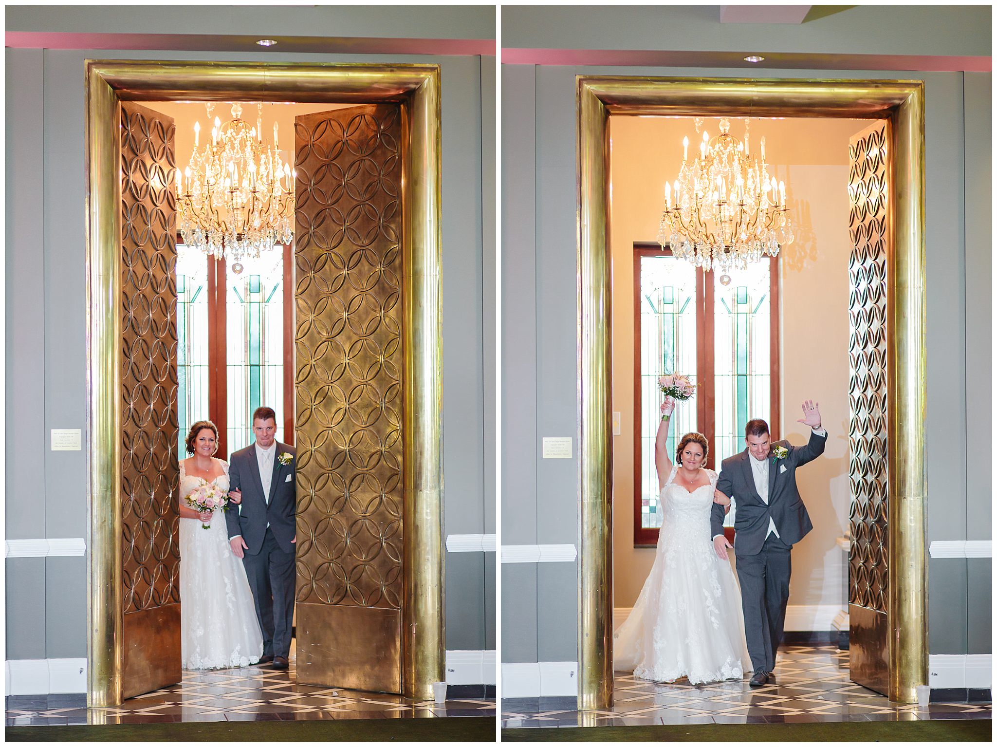 Newlyweds enter their Chestnut Ridge Golf Resort reception through gold doors